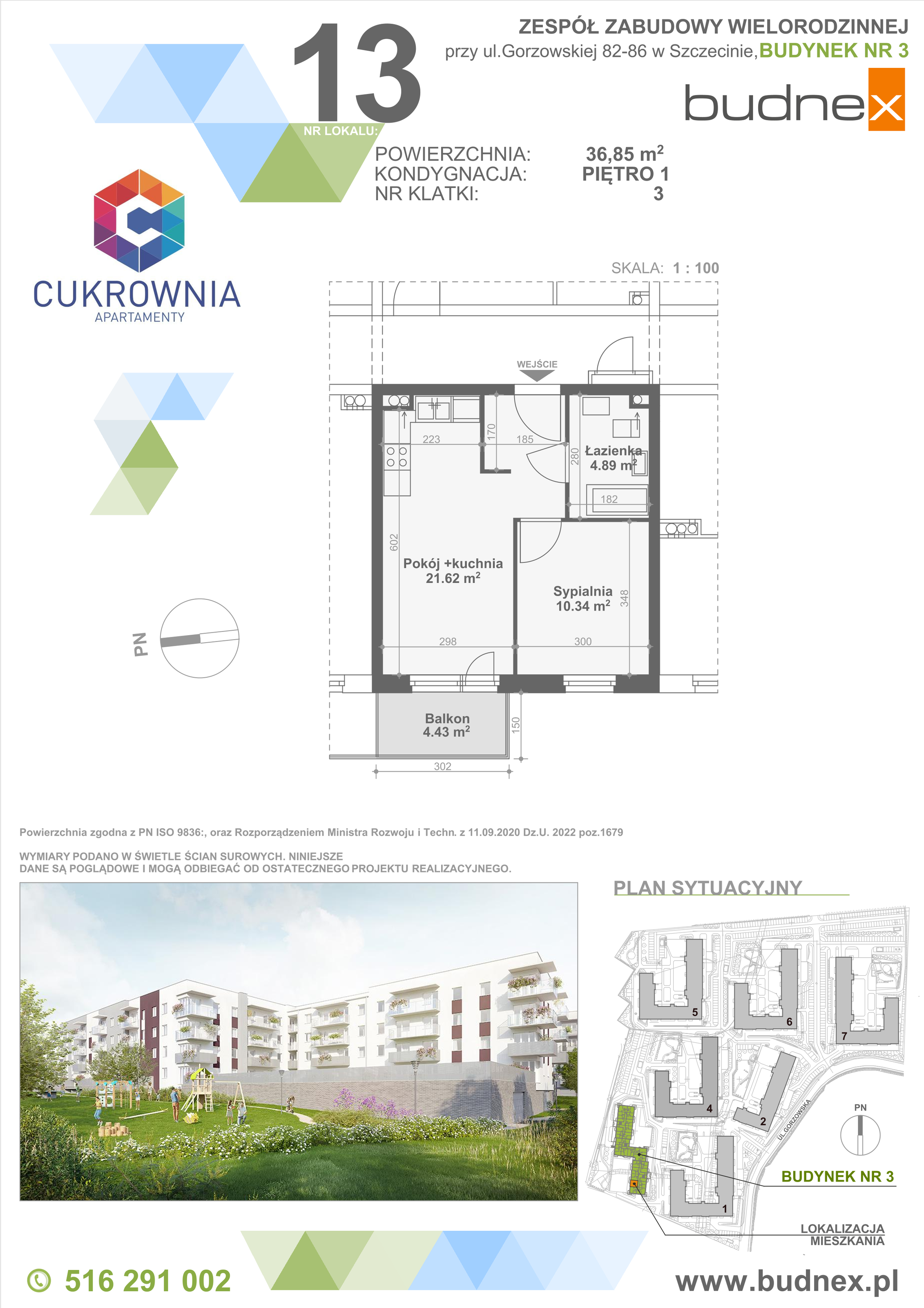 Mieszkanie 36,85 m², piętro 1, oferta nr 3/M13, Cukrownia Apartamenty - Etap IV, Szczecin, Zachód, Gumieńce, ul. Floriana Krygiera-idx