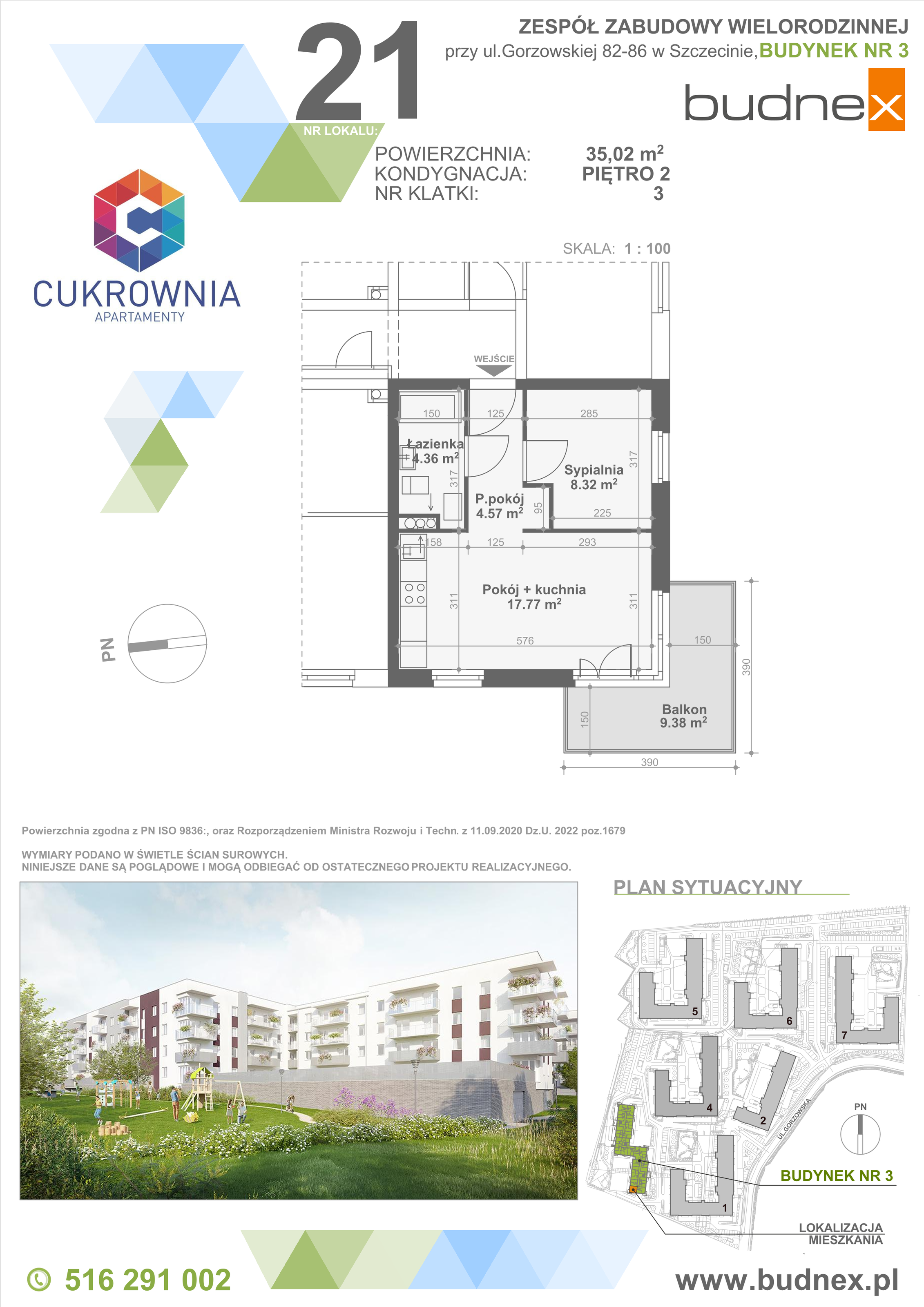 Mieszkanie 35,02 m², piętro 2, oferta nr 3/M21, Cukrownia Apartamenty - Etap IV, Szczecin, Zachód, Gumieńce, ul. Floriana Krygiera-idx