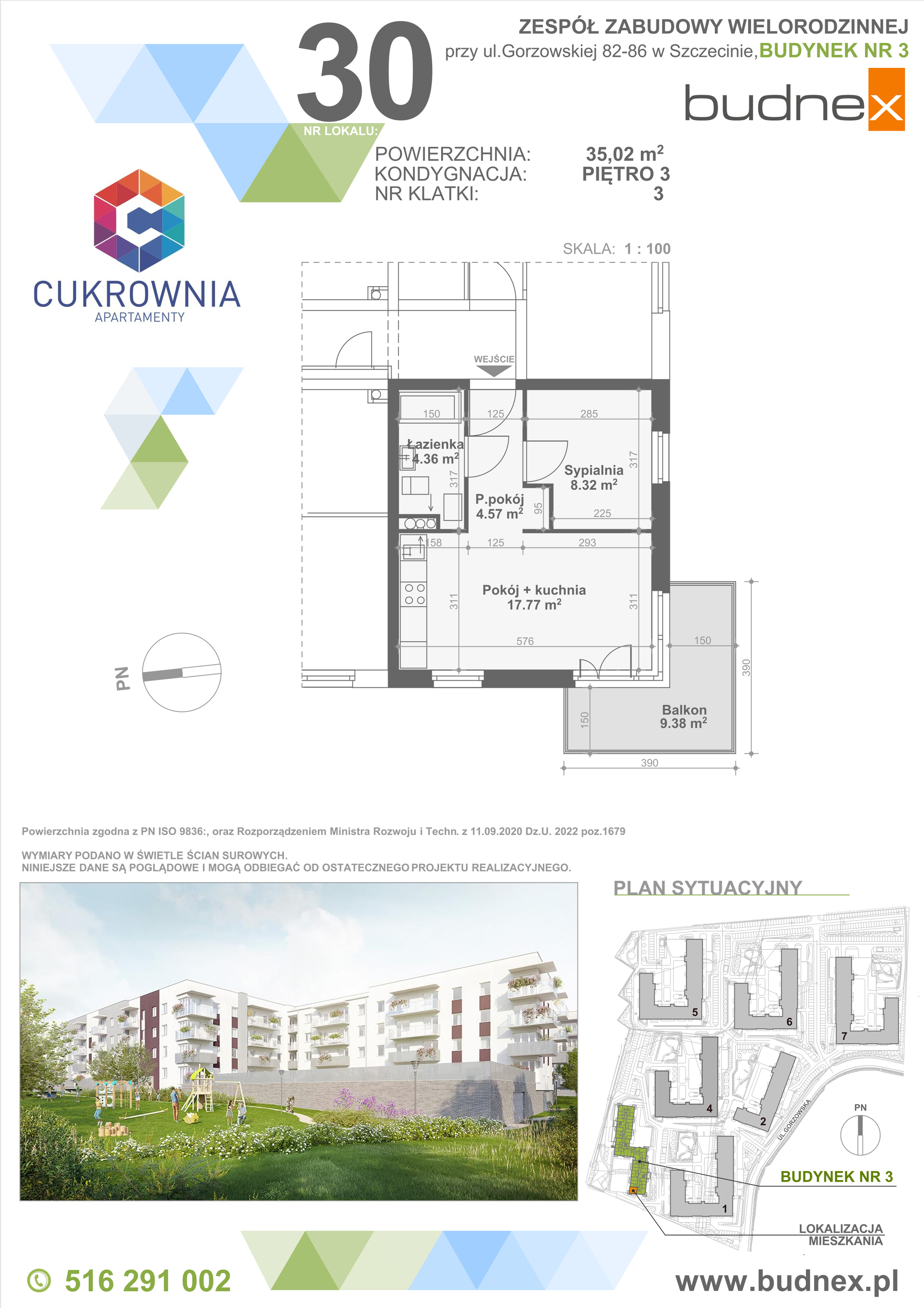 Mieszkanie 35,02 m², piętro 3, oferta nr 3/M30, Cukrownia Apartamenty - Etap IV, Szczecin, Zachód, Gumieńce, ul. Floriana Krygiera-idx