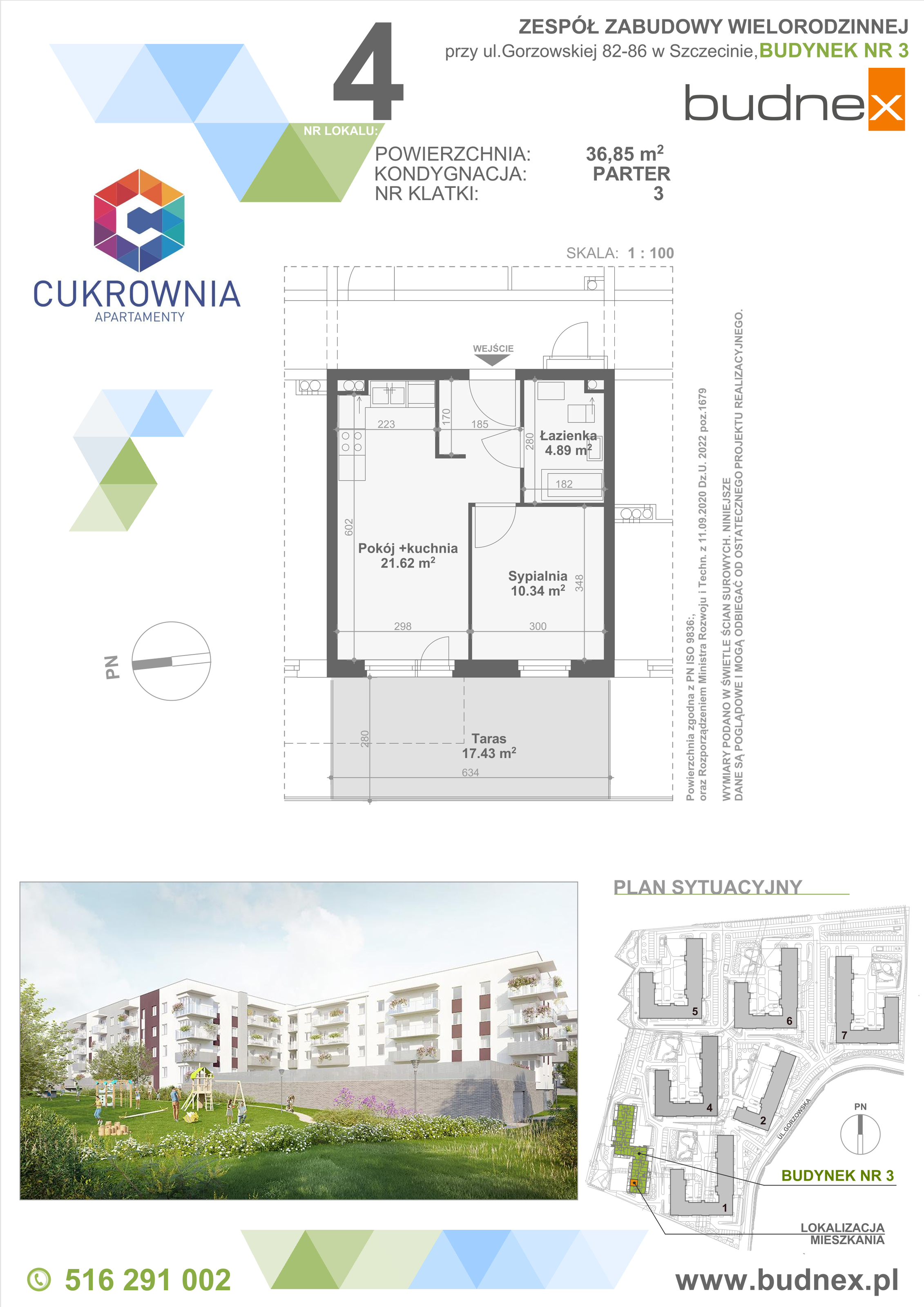 Mieszkanie 36,85 m², parter, oferta nr 3/M4, Cukrownia Apartamenty - Etap IV, Szczecin, Zachód, Gumieńce, ul. Floriana Krygiera-idx