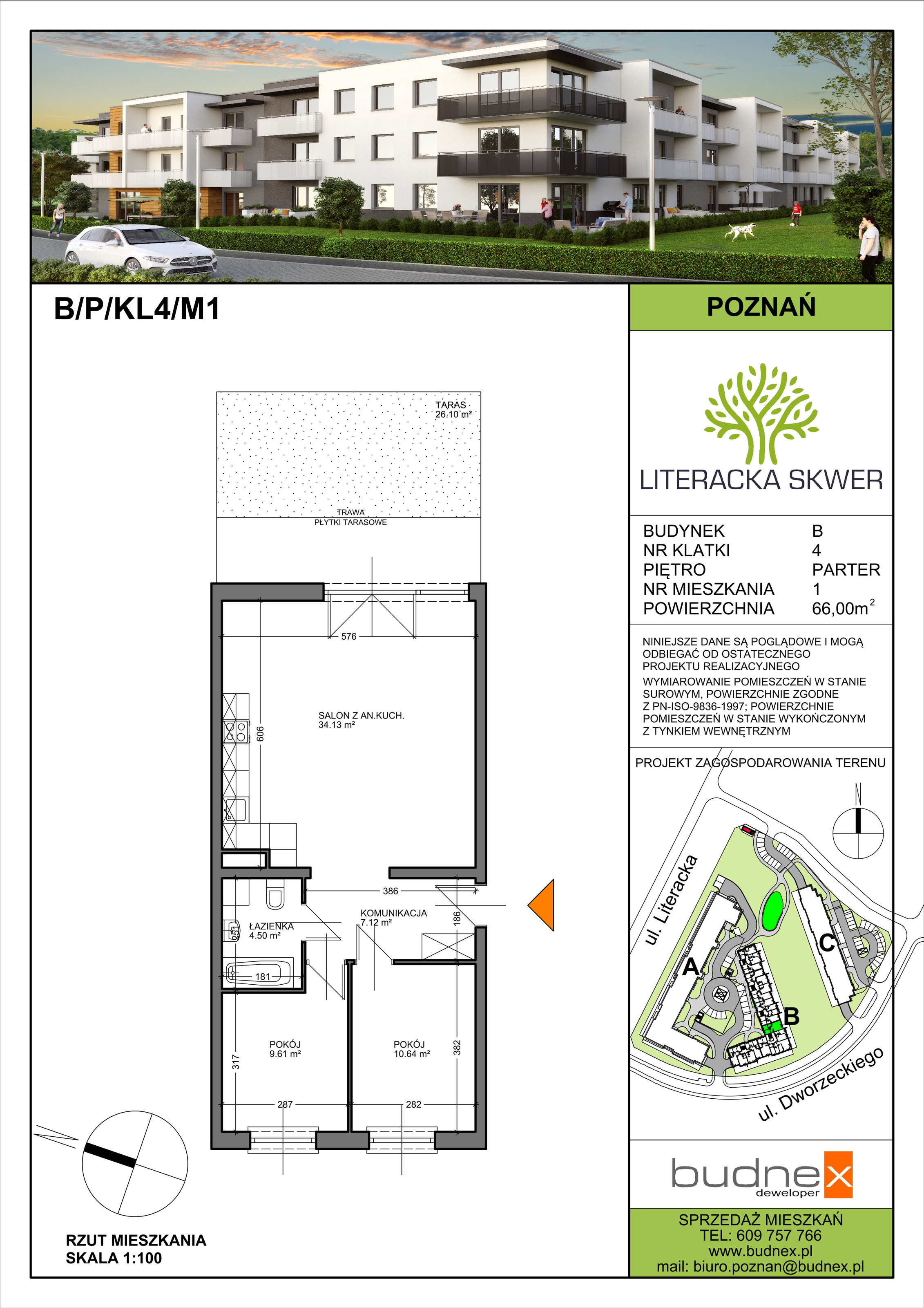 Mieszkanie 66,00 m², parter, oferta nr 4/M1, Literacka Skwer - Etap B, Poznań, Strzeszyn, Strzeszyn, ul. Literacka-idx