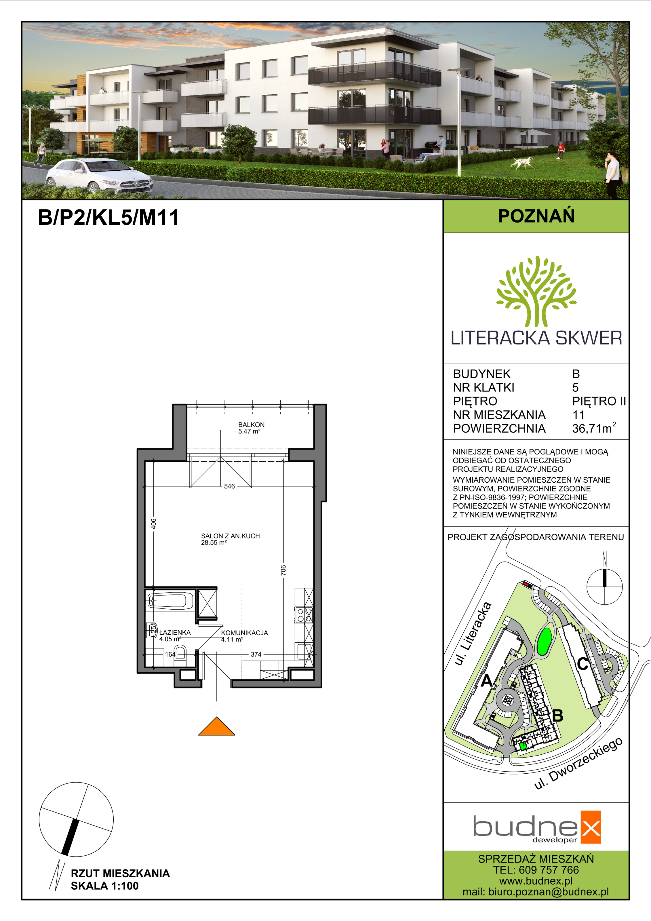 Mieszkanie 36,71 m², piętro 2, oferta nr 5/M11, Literacka Skwer - Etap B, Poznań, Strzeszyn, Strzeszyn, ul. Literacka-idx