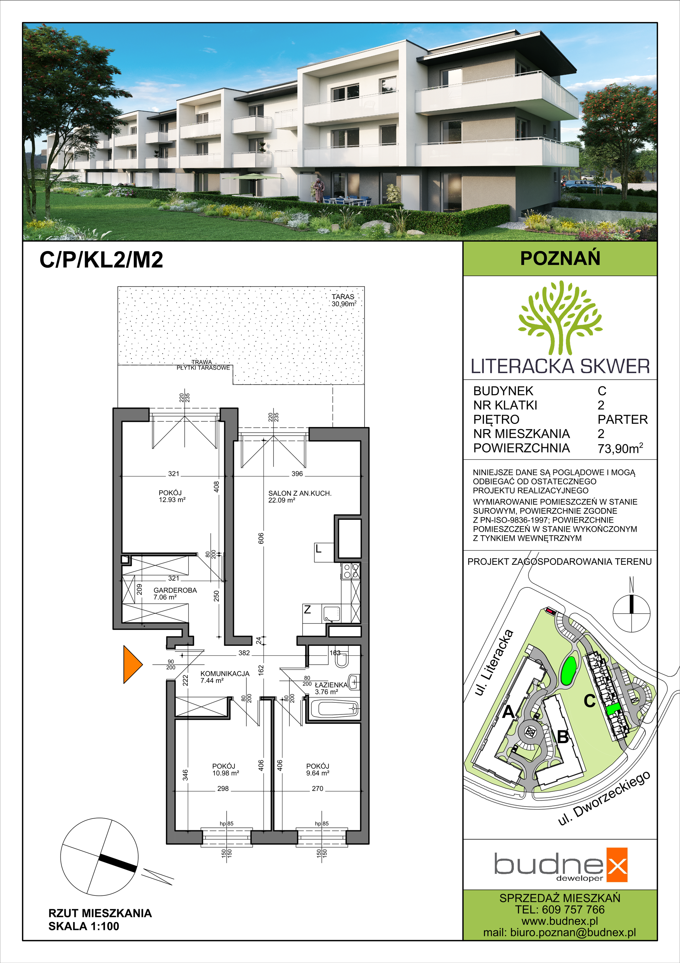 Mieszkanie 73,90 m², parter, oferta nr 2/M2, Literacka Skwer - etap C, Poznań, Strzeszyn, ul. Literacka-idx