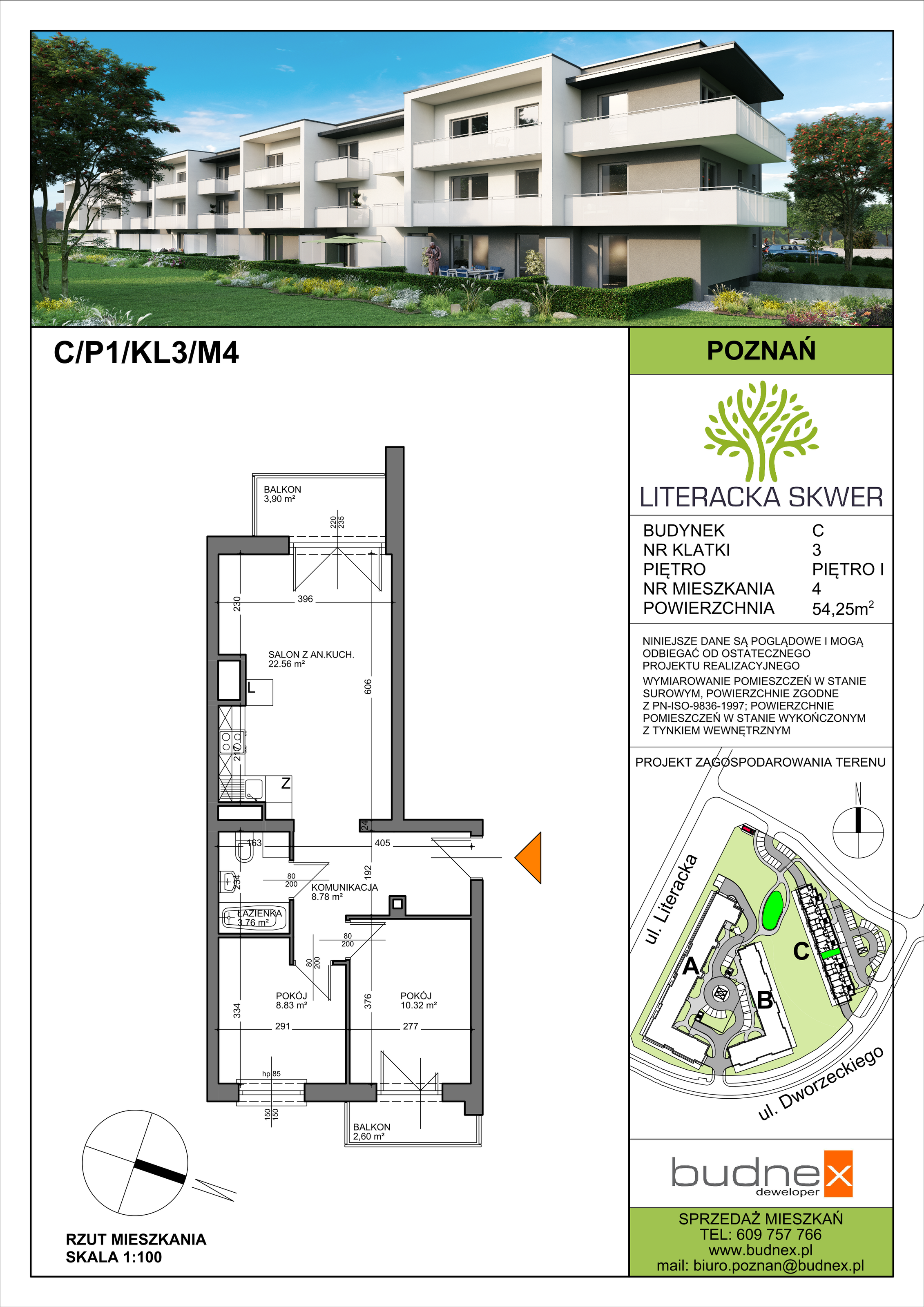 Mieszkanie 54,25 m², parter, oferta nr 3/M4, Literacka Skwer - etap C, Poznań, Strzeszyn, ul. Literacka-idx