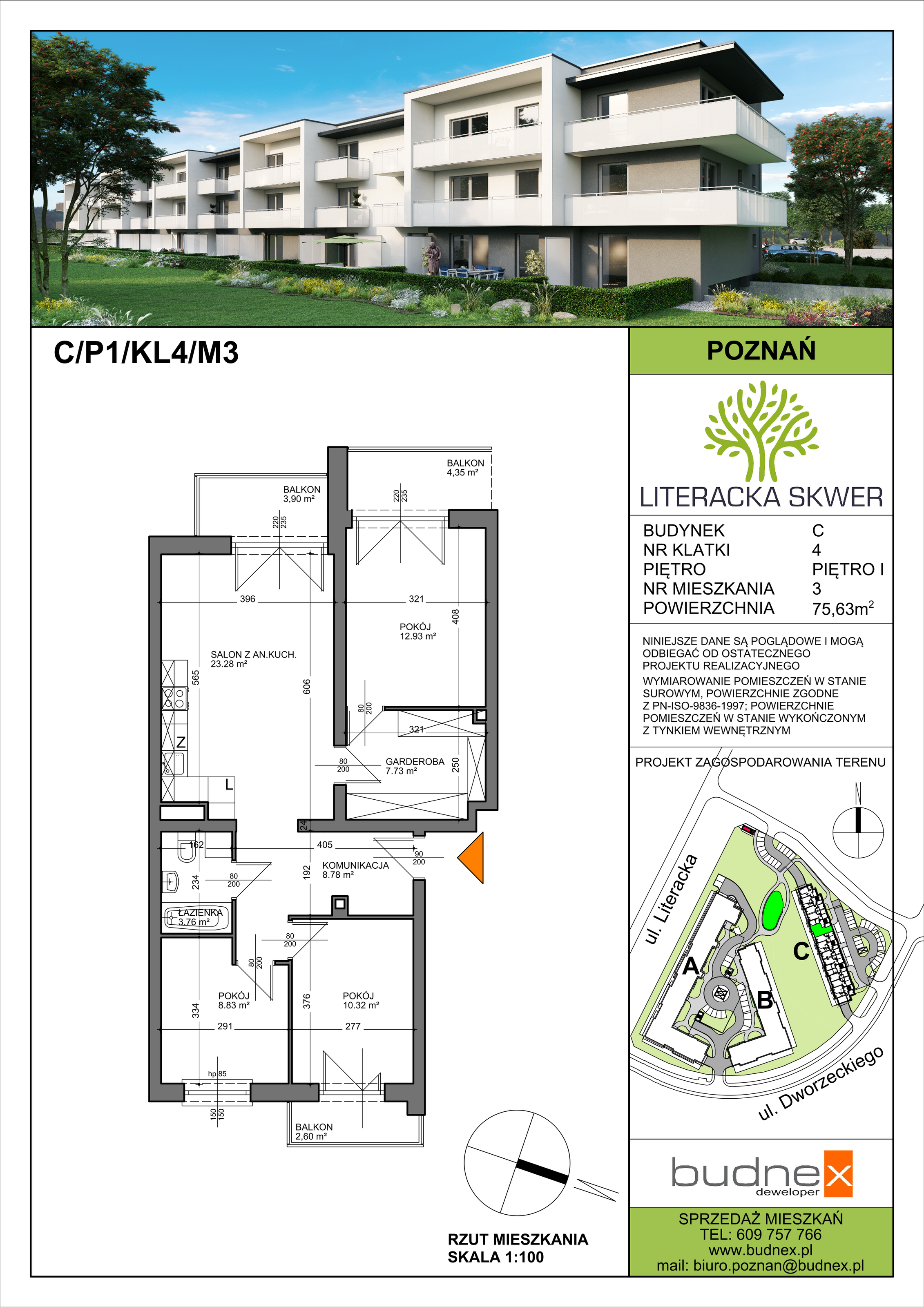 Mieszkanie 75,63 m², parter, oferta nr 4/M3, Literacka Skwer - etap C, Poznań, Strzeszyn, ul. Literacka-idx