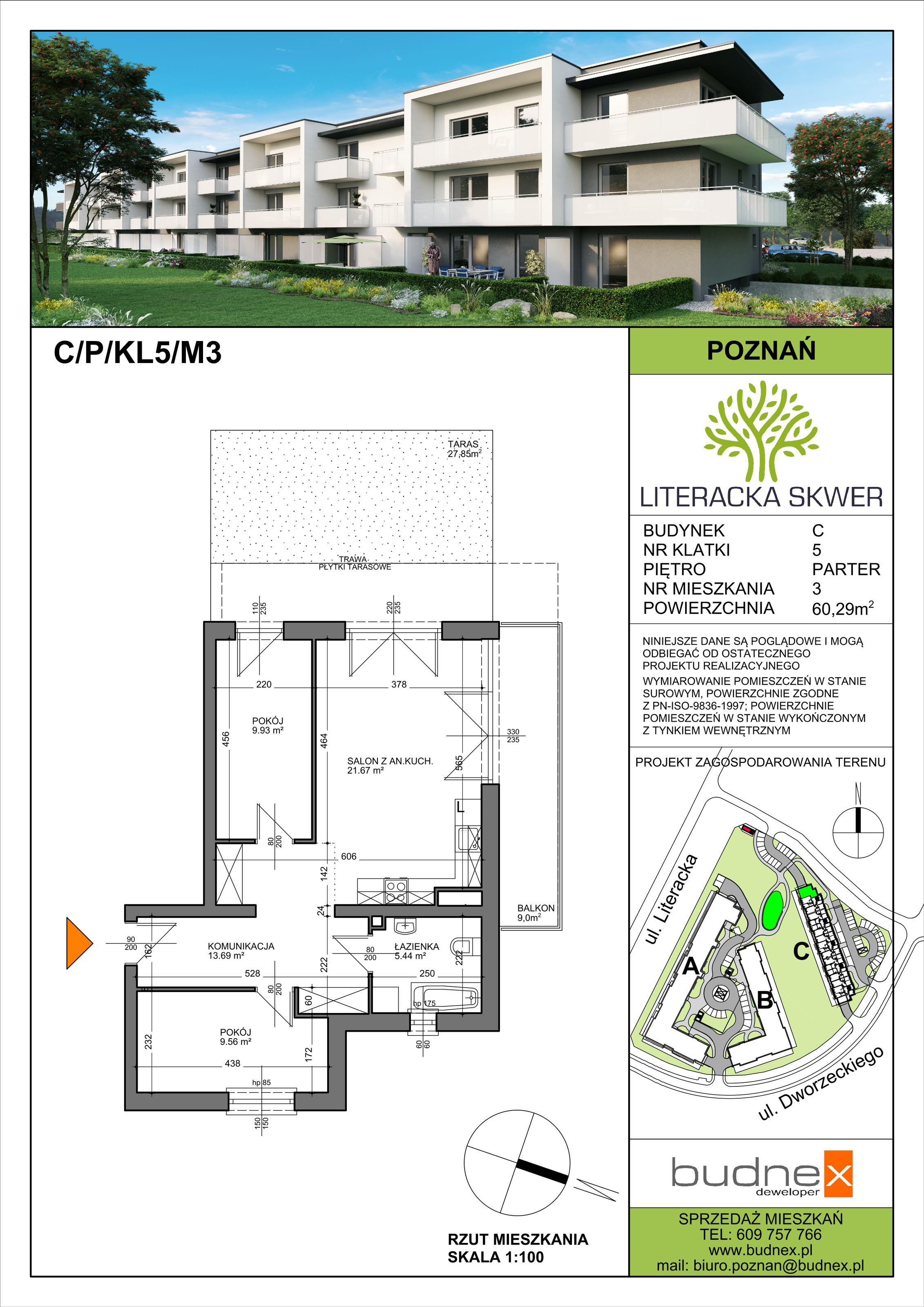 Mieszkanie 60,29 m², parter, oferta nr 5/M3, Literacka Skwer - etap C, Poznań, Strzeszyn, ul. Literacka-idx