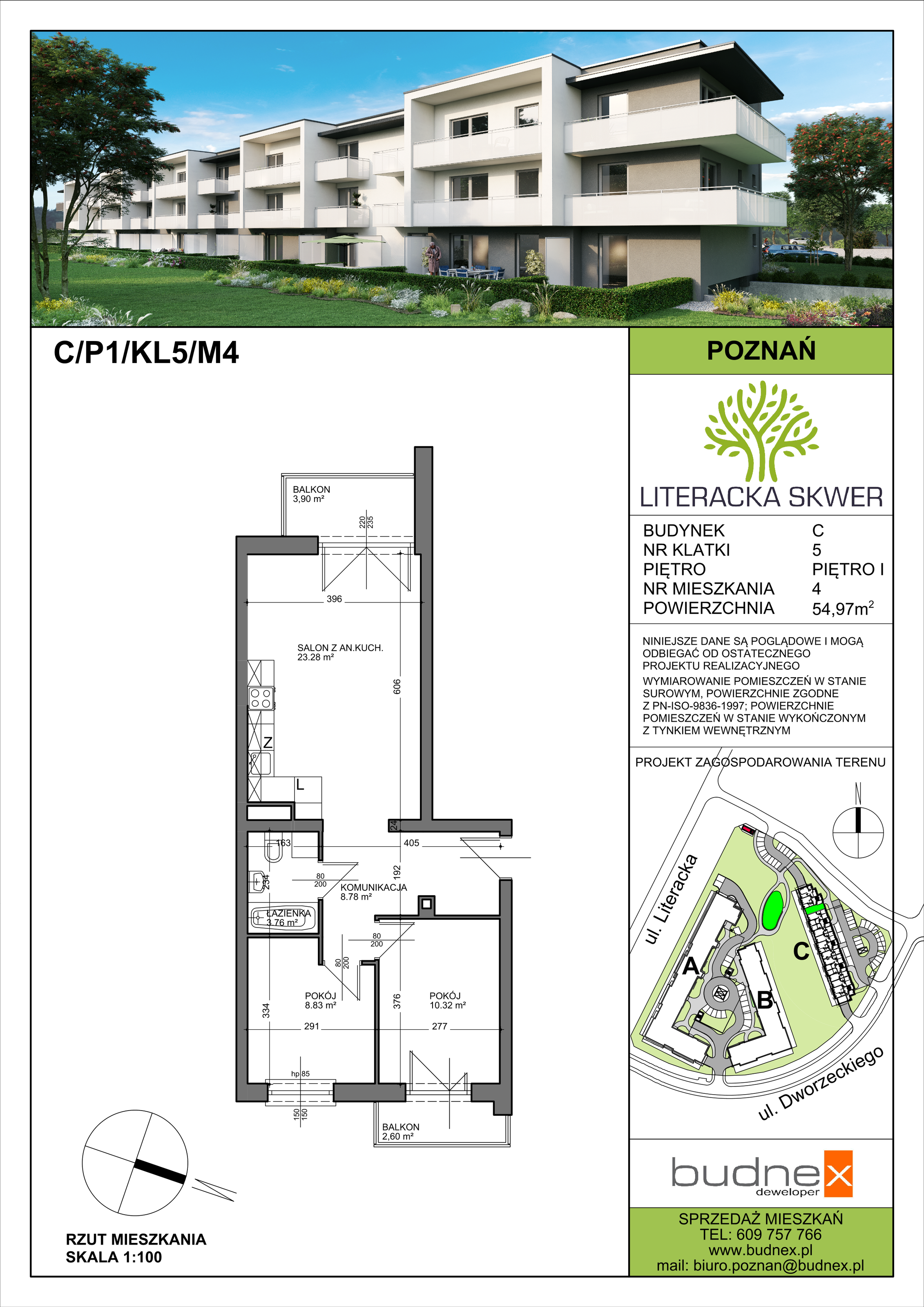 Mieszkanie 54,97 m², parter, oferta nr 5/M4, Literacka Skwer - etap C, Poznań, Strzeszyn, ul. Literacka-idx