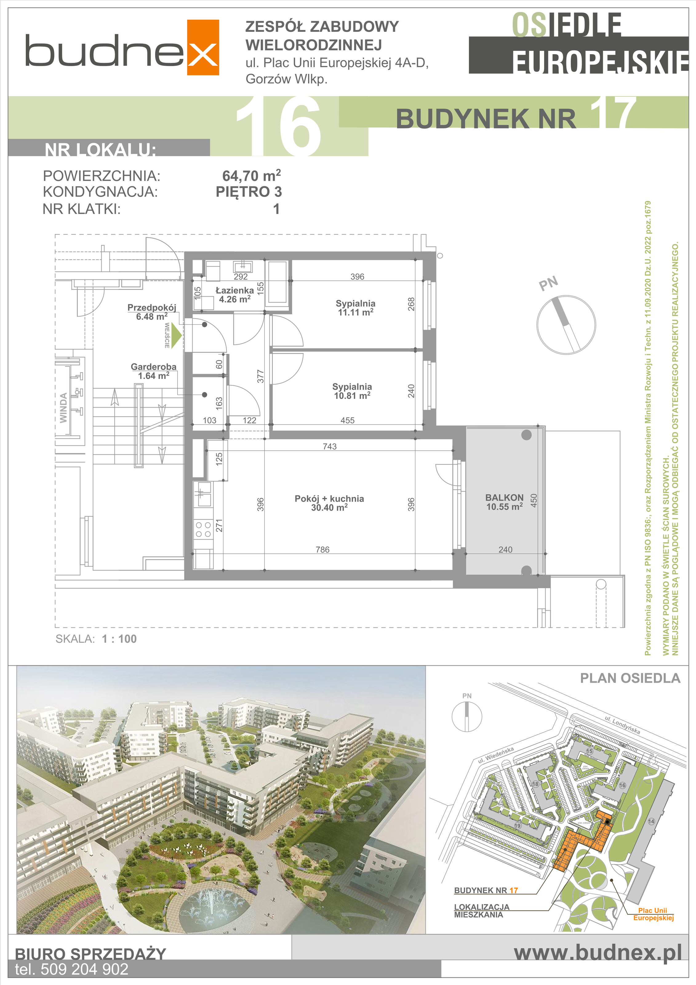 Mieszkanie 64,70 m², piętro 3, oferta nr 1/M16, Osiedle Europejskie - Budynek 17, Gorzów Wielkopolski, Plac Unii Europejskiej 4A-D-idx