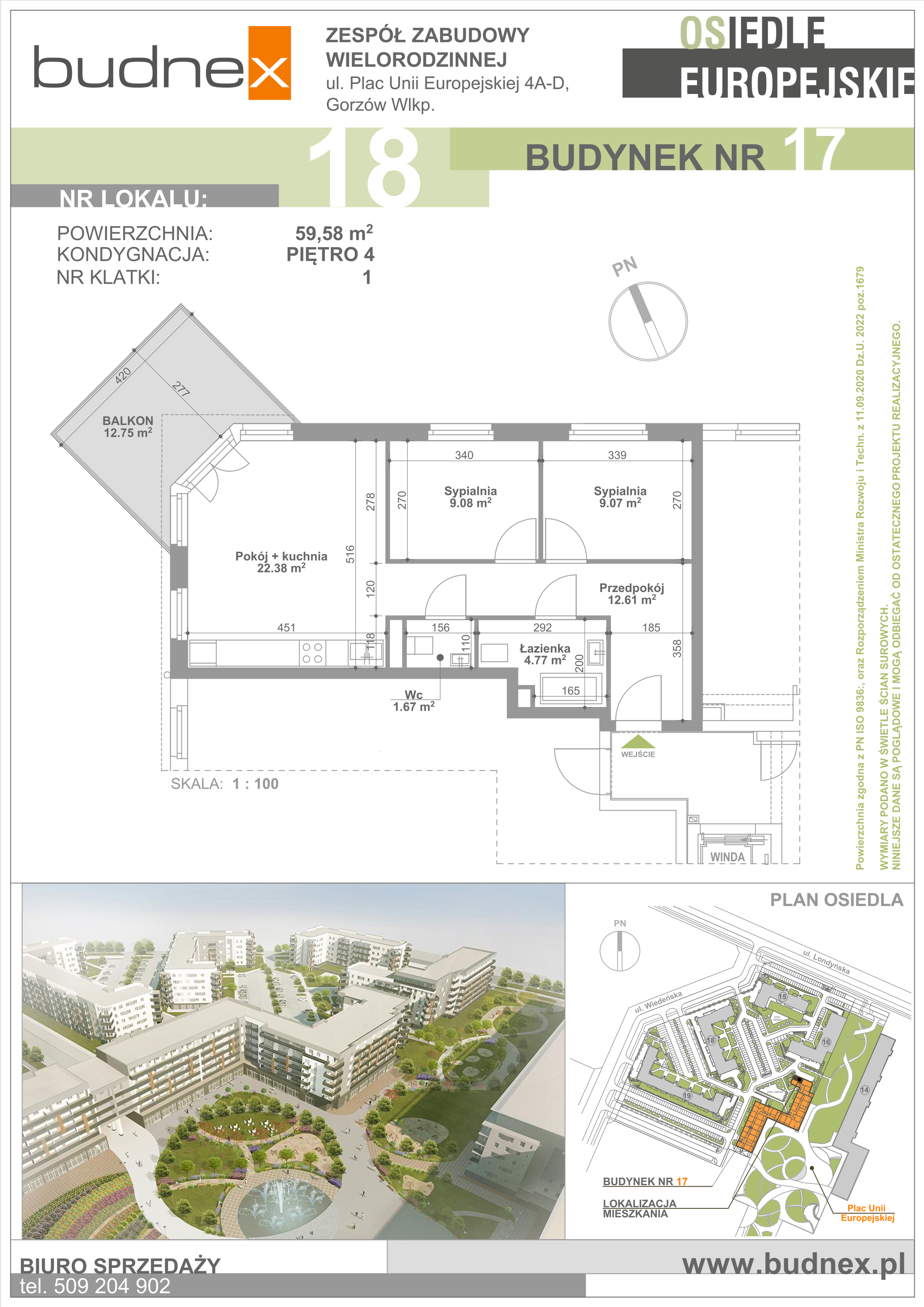 Mieszkanie 59,58 m², piętro 4, oferta nr 1/M18, Osiedle Europejskie - Budynek 17, Gorzów Wielkopolski, Plac Unii Europejskiej 4A-D-idx