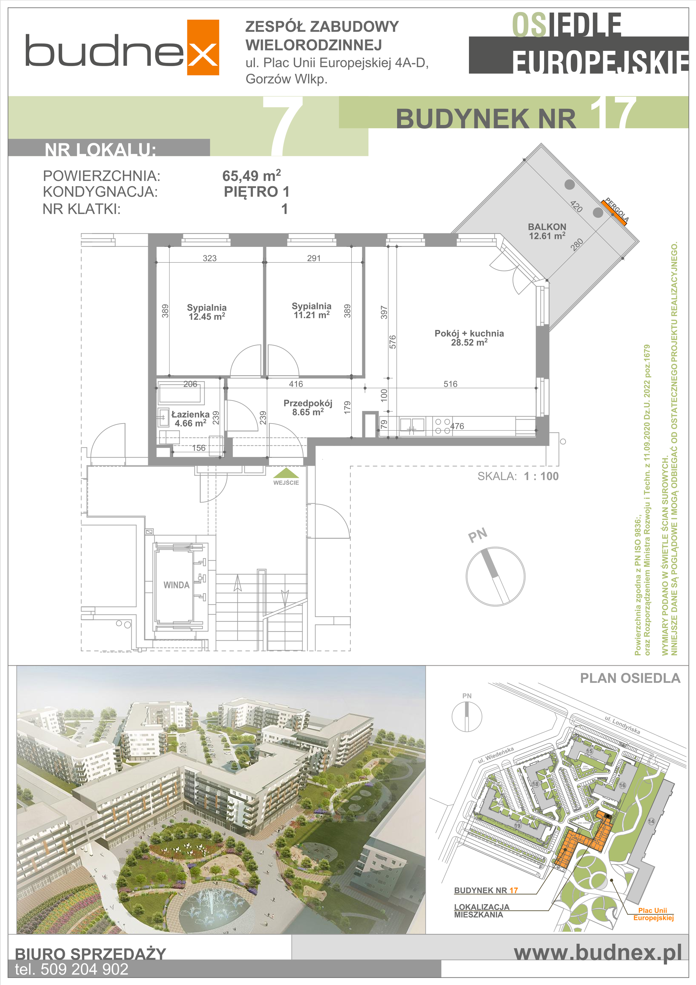 Mieszkanie 65,49 m², piętro 1, oferta nr 1/M7, Osiedle Europejskie - Budynek 17, Gorzów Wielkopolski, Plac Unii Europejskiej 4A-D-idx