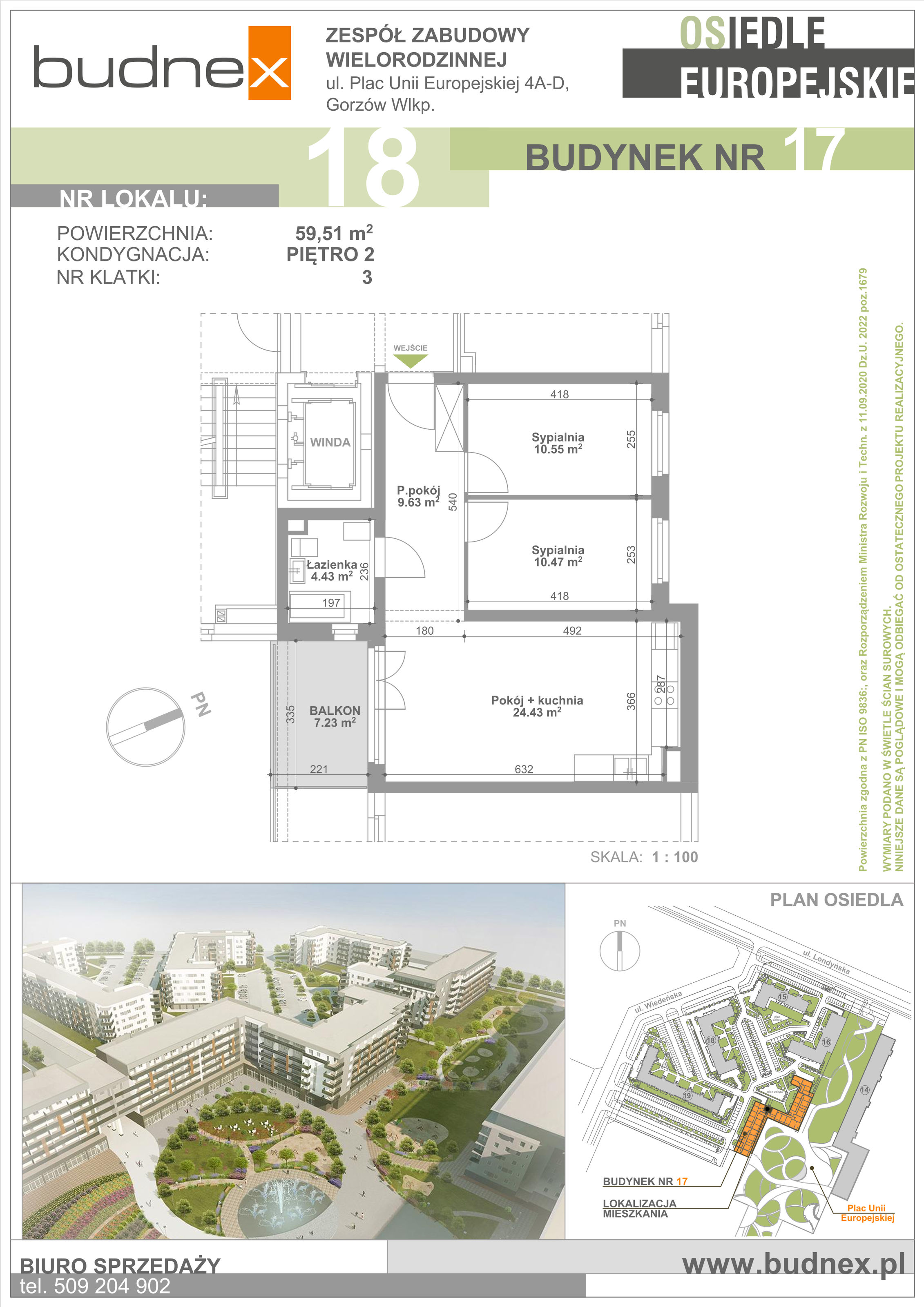 Mieszkanie 59,51 m², piętro 2, oferta nr 3/M18, Osiedle Europejskie - Budynek 17, Gorzów Wielkopolski, Plac Unii Europejskiej 4A-D-idx