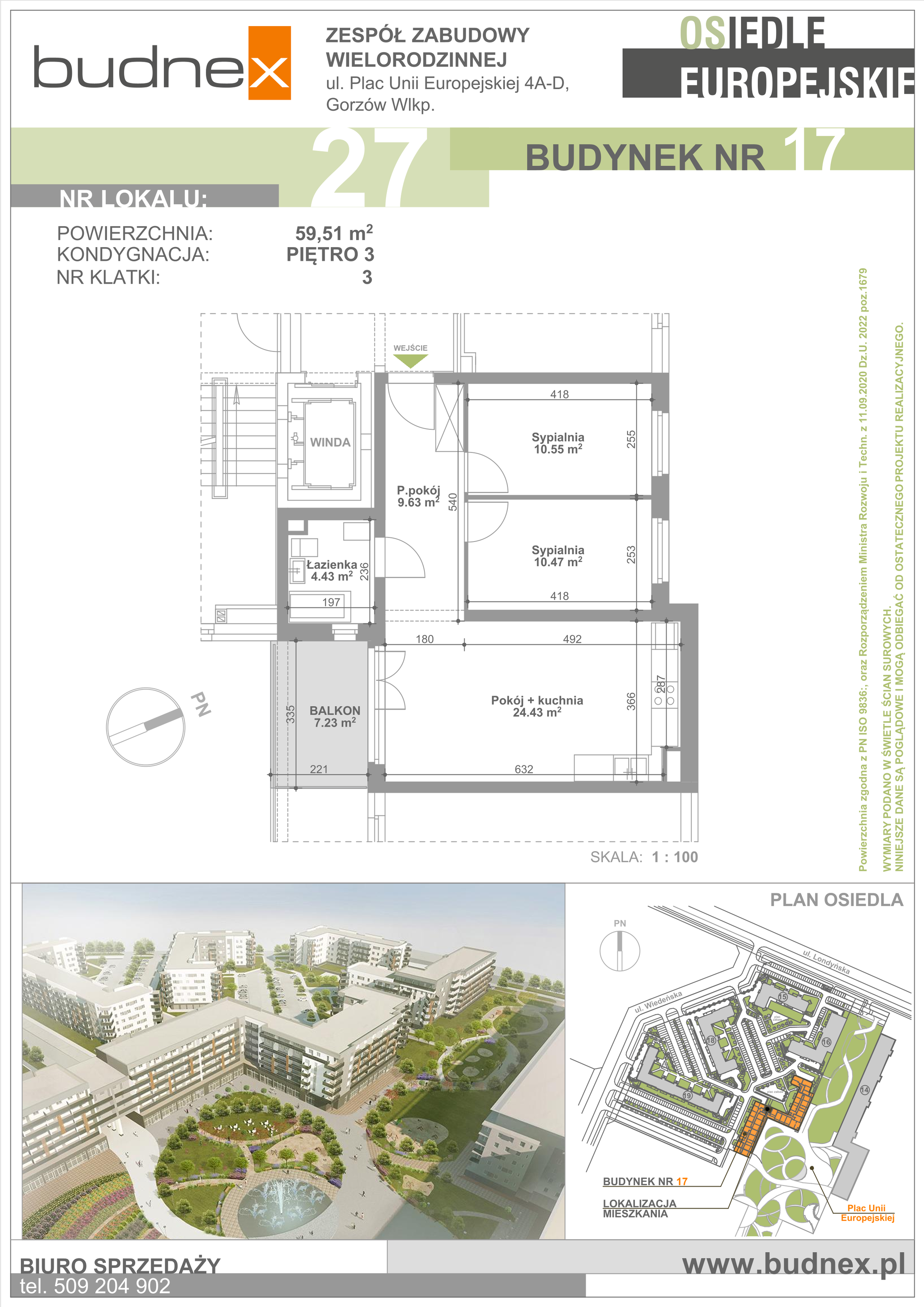 Mieszkanie 59,51 m², piętro 3, oferta nr 3/M27, Osiedle Europejskie - Budynek 17, Gorzów Wielkopolski, Plac Unii Europejskiej 4A-D-idx