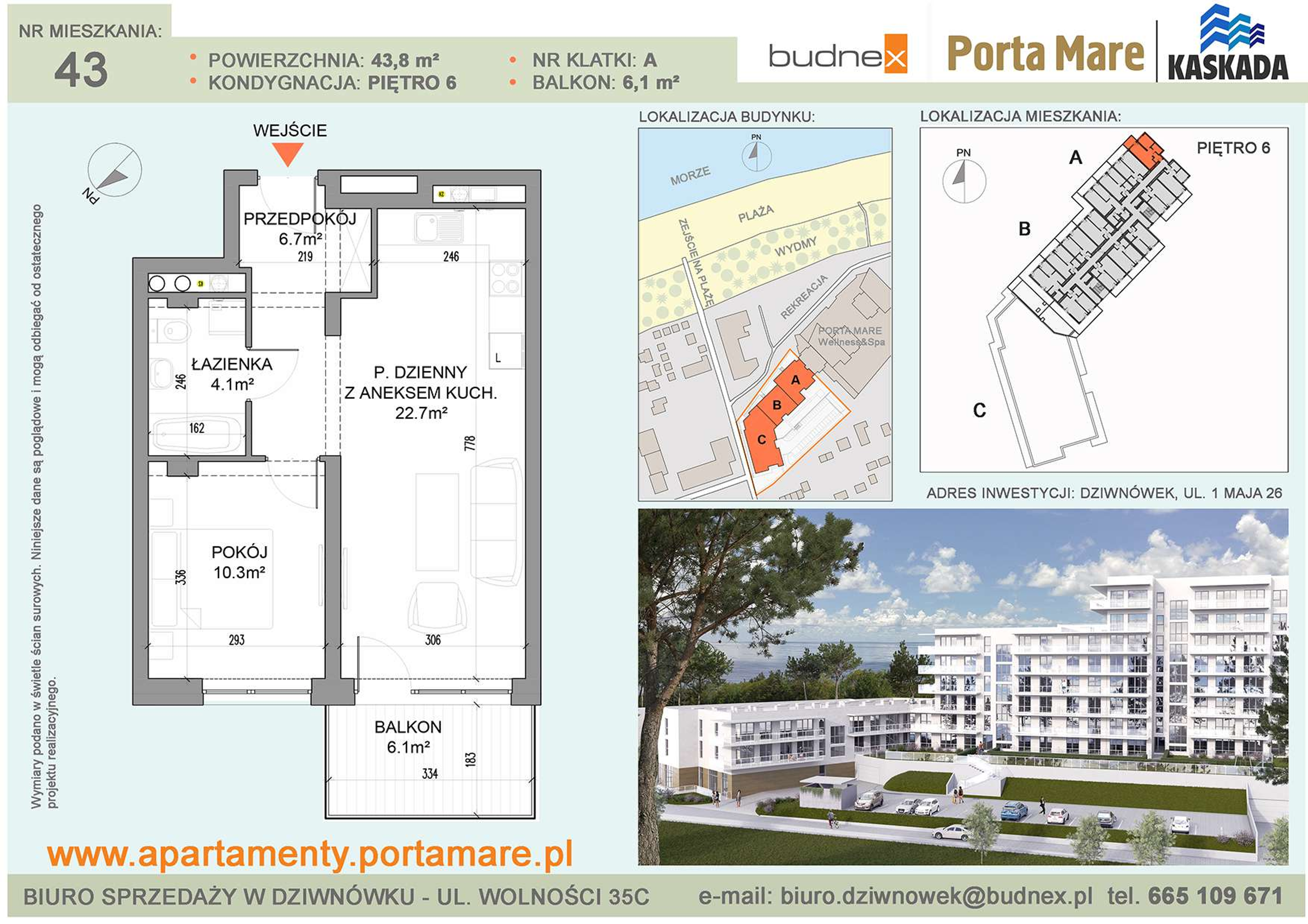 Mieszkanie 43,80 m², piętro 6, oferta nr A/M43, Porta Mare Kaskada, Dziwnówek, ul. 1 Maja 26-idx