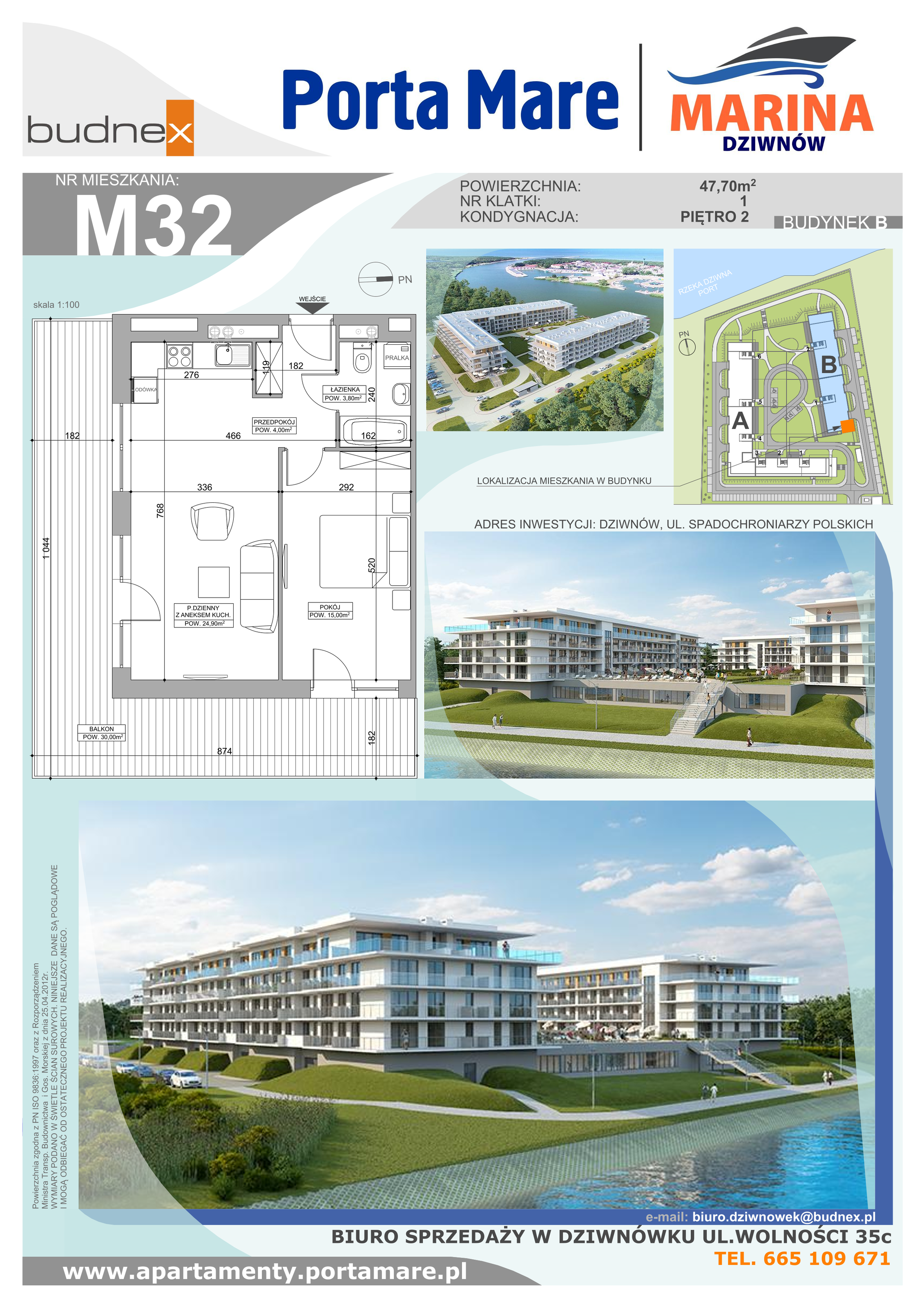 Apartament 47,70 m², piętro 2, oferta nr B.1.M32, Porta Mare MARINA Dziwnów, Dziwnów, ul. Spadochroniarzy Polskich 10-idx