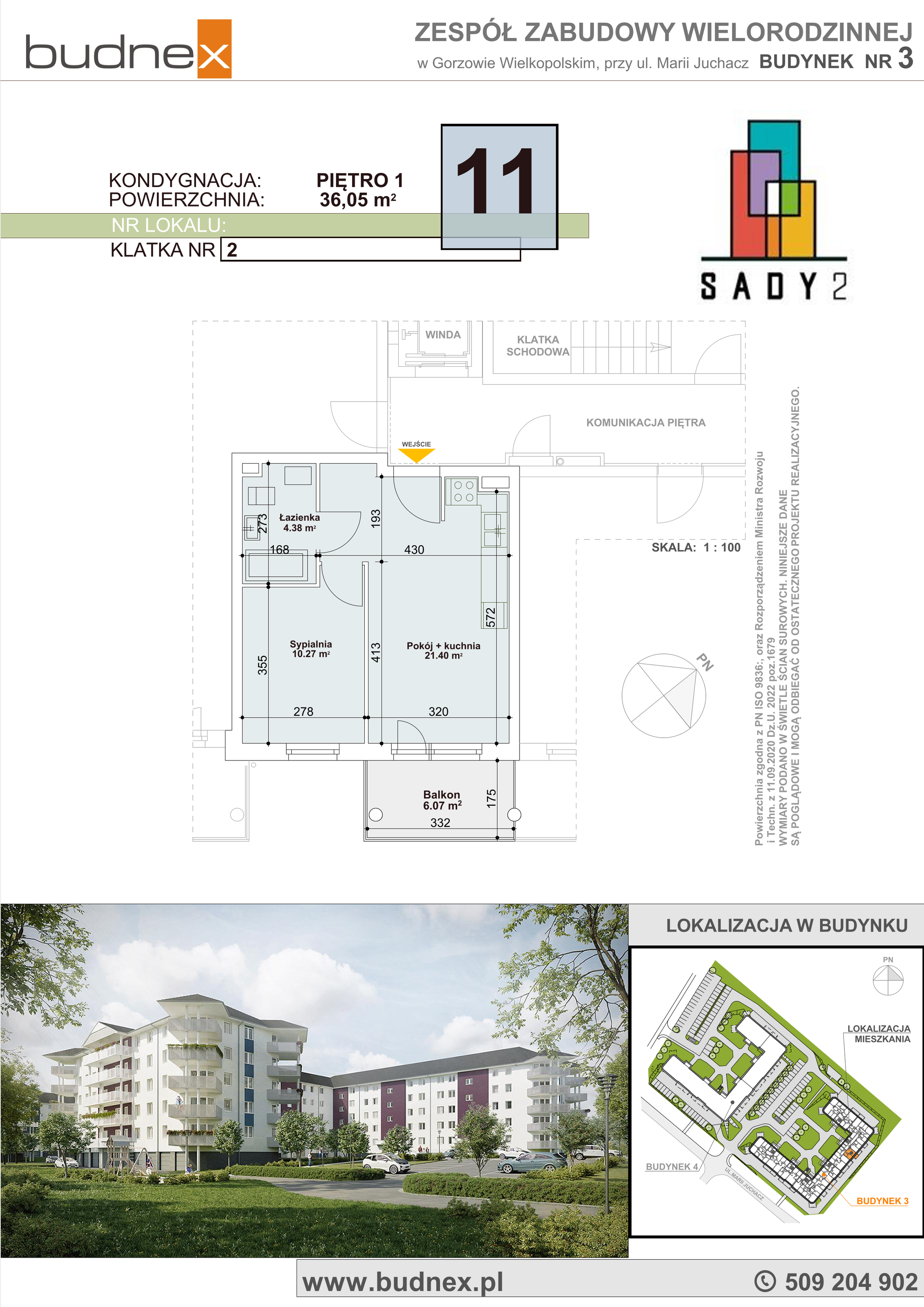 Mieszkanie 36,06 m², piętro 1, oferta nr 2/M11, Sady II Bud. 3, Gorzów Wielkopolski, ul. Marii Juchacz-idx