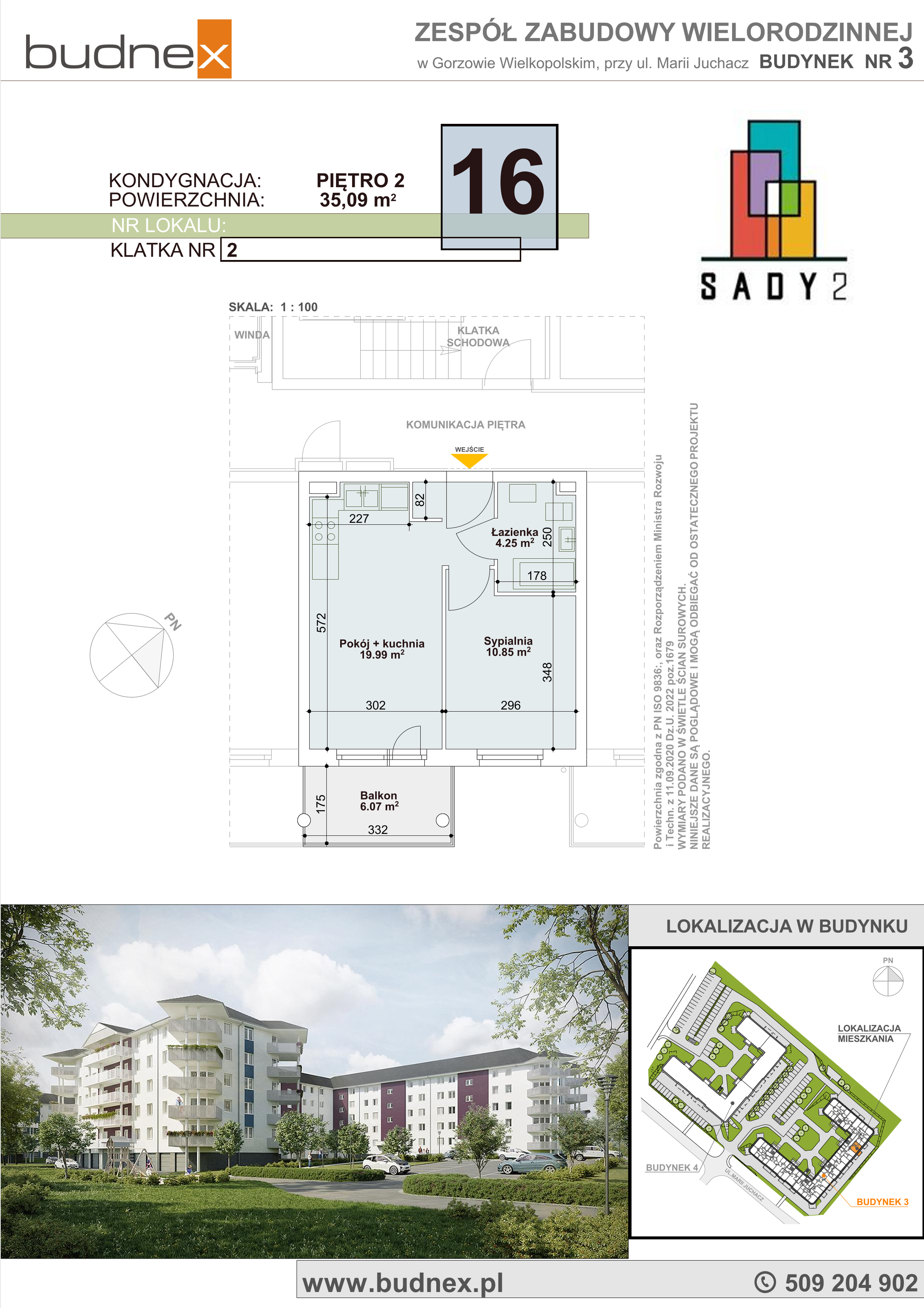 Mieszkanie 35,09 m², piętro 2, oferta nr 2/M16, Sady II Bud. 3, Gorzów Wielkopolski, ul. Marii Juchacz-idx