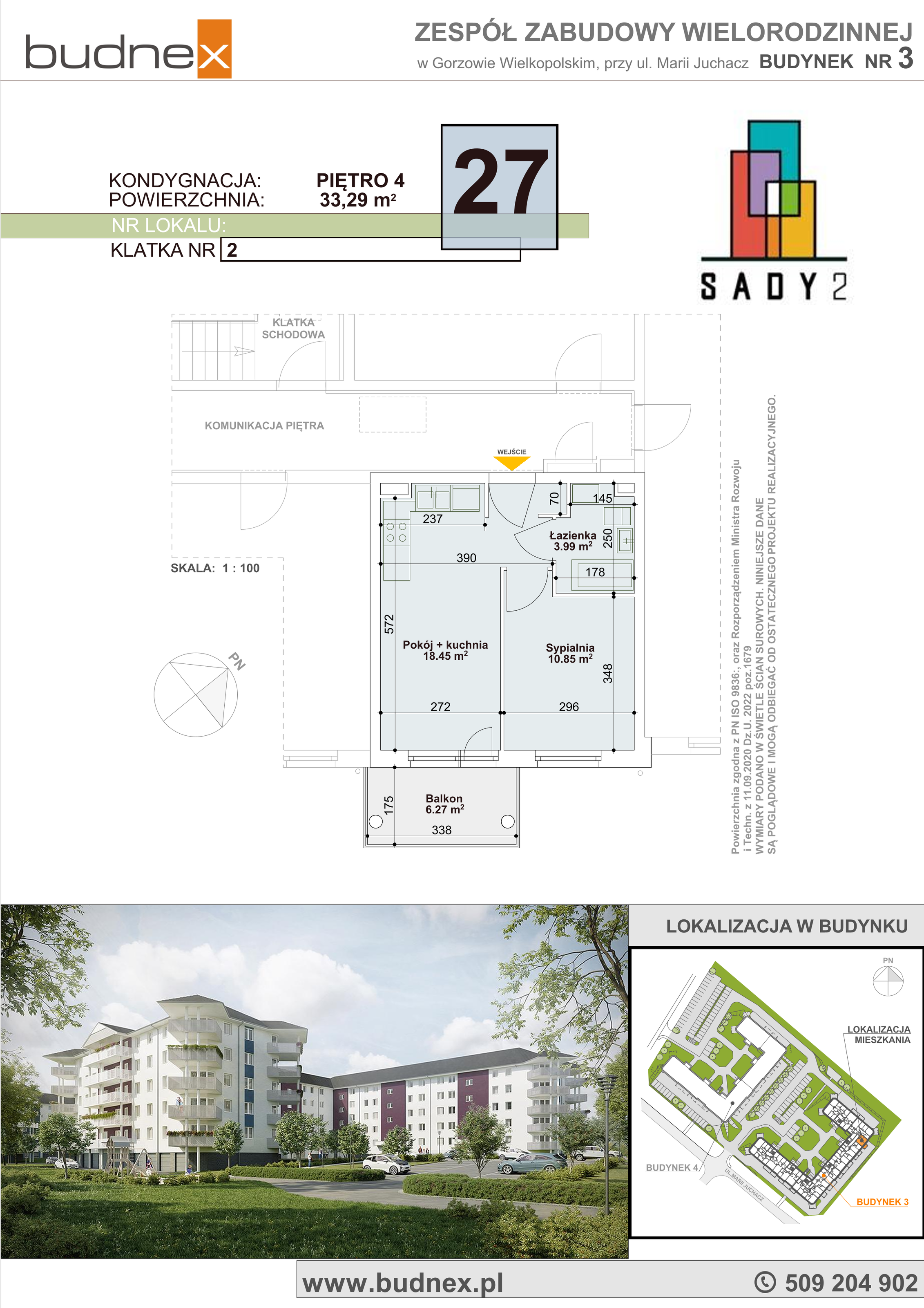 Mieszkanie 33,29 m², piętro 4, oferta nr 2/M27, Sady II Bud. 3, Gorzów Wielkopolski, ul. Marii Juchacz-idx