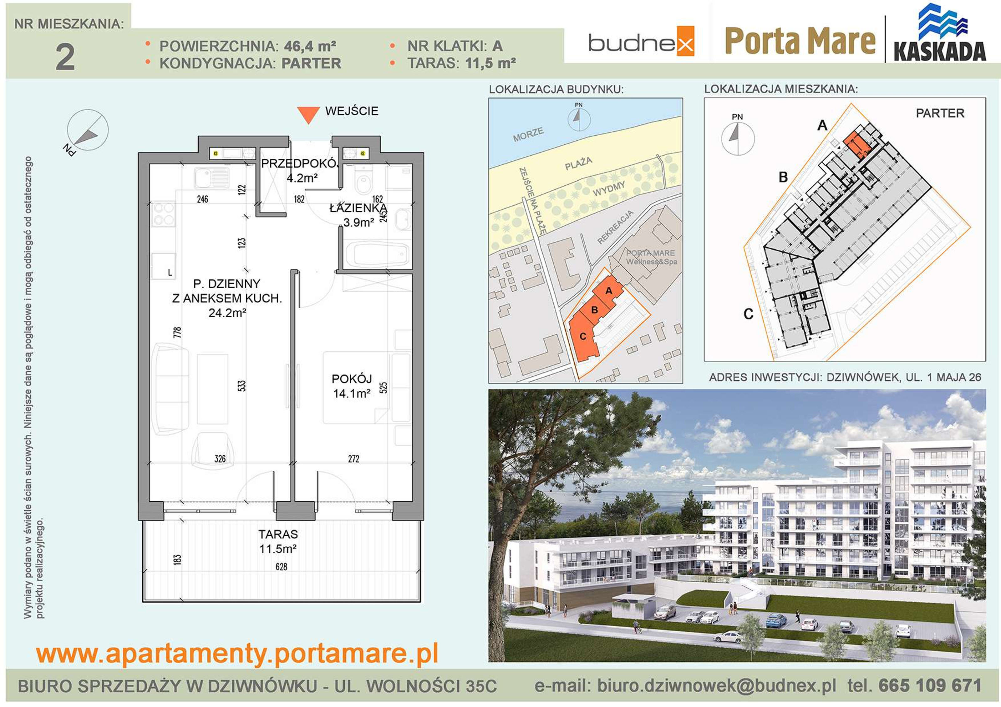 Mieszkanie 46,40 m², parter, oferta nr A/M02, Porta Mare Kaskada, Dziwnówek, ul. 1 Maja 26-idx