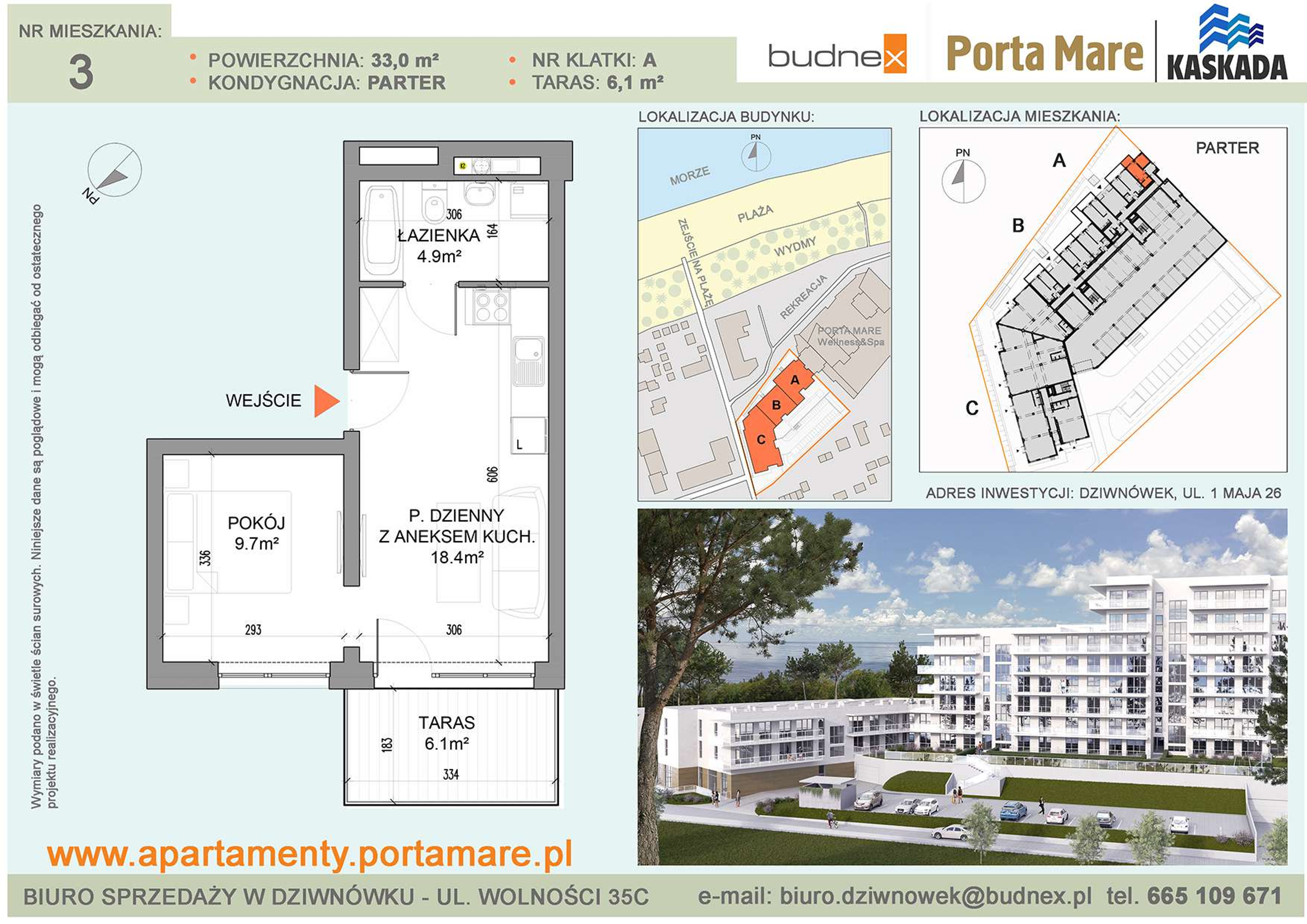 Mieszkanie 33,00 m², parter, oferta nr A/M03, Porta Mare Kaskada, Dziwnówek, ul. 1 Maja 26-idx