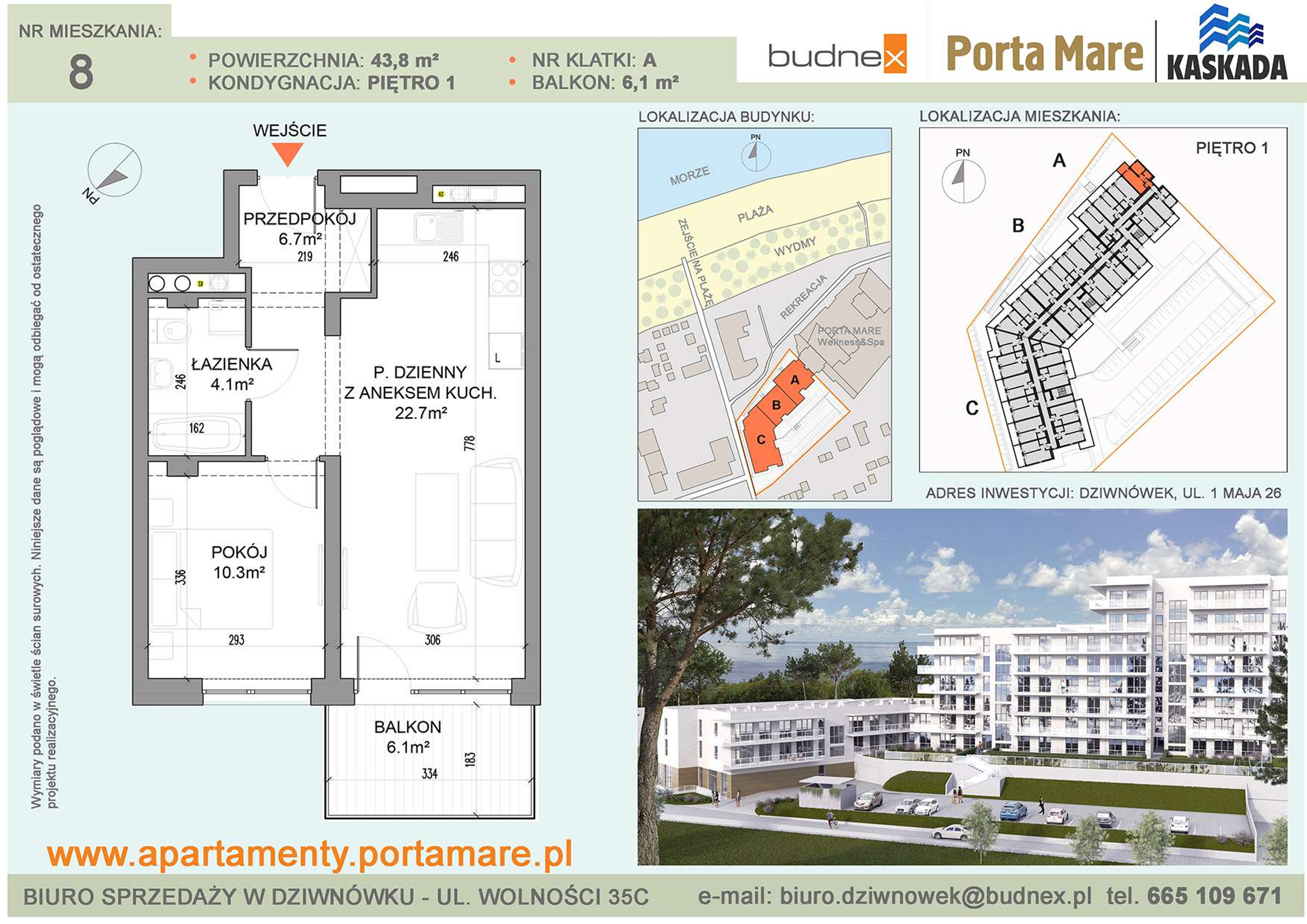 Mieszkanie 43,80 m², piętro 1, oferta nr A/M08, Porta Mare Kaskada, Dziwnówek, ul. 1 Maja 26-idx