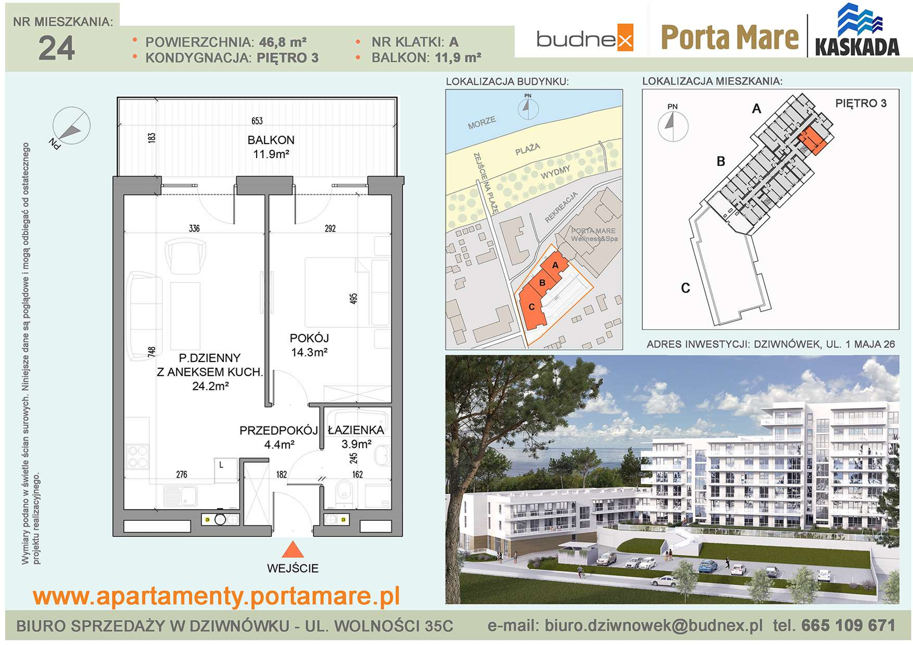 Mieszkanie 46,80 m², piętro 3, oferta nr A/M24, Porta Mare Kaskada, Dziwnówek, ul. 1 Maja 26-idx