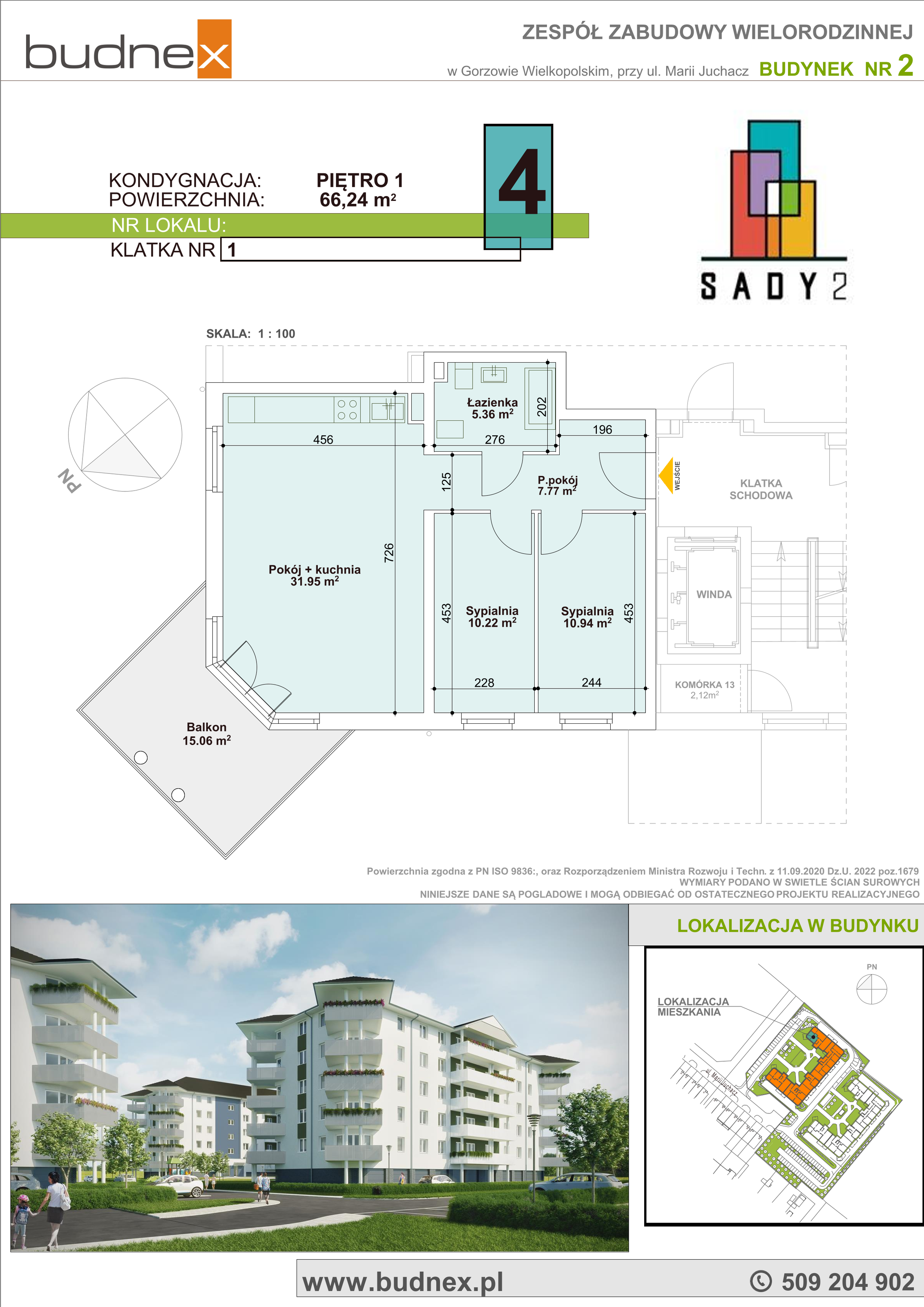 Mieszkanie 66,24 m², piętro 1, oferta nr 1_4, Sady II, Gorzów Wielkopolski, Górczyn, ul. Marii Juchacz-idx