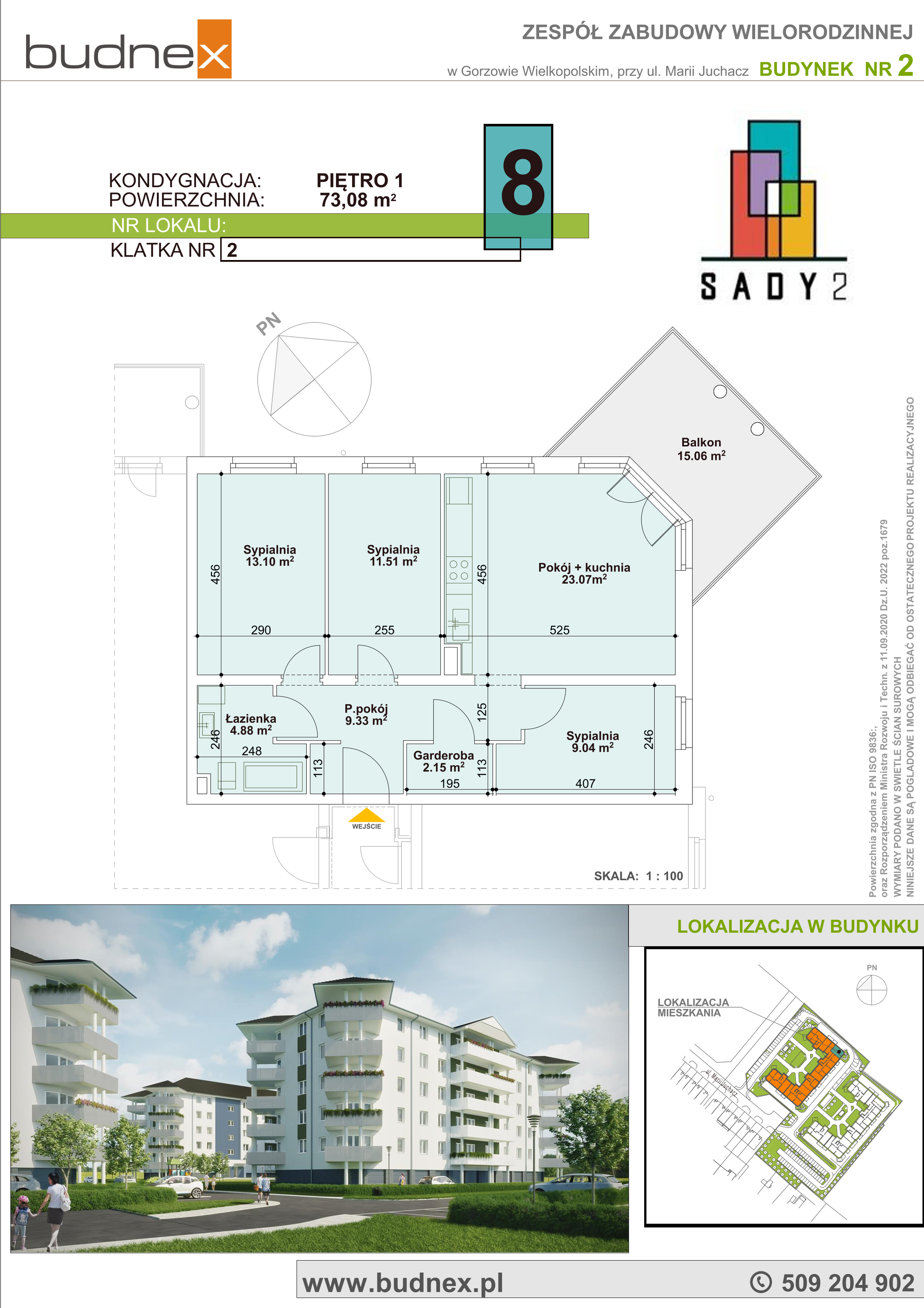 Mieszkanie 73,08 m², piętro 1, oferta nr 2_8, Sady II, Gorzów Wielkopolski, Górczyn, ul. Marii Juchacz-idx