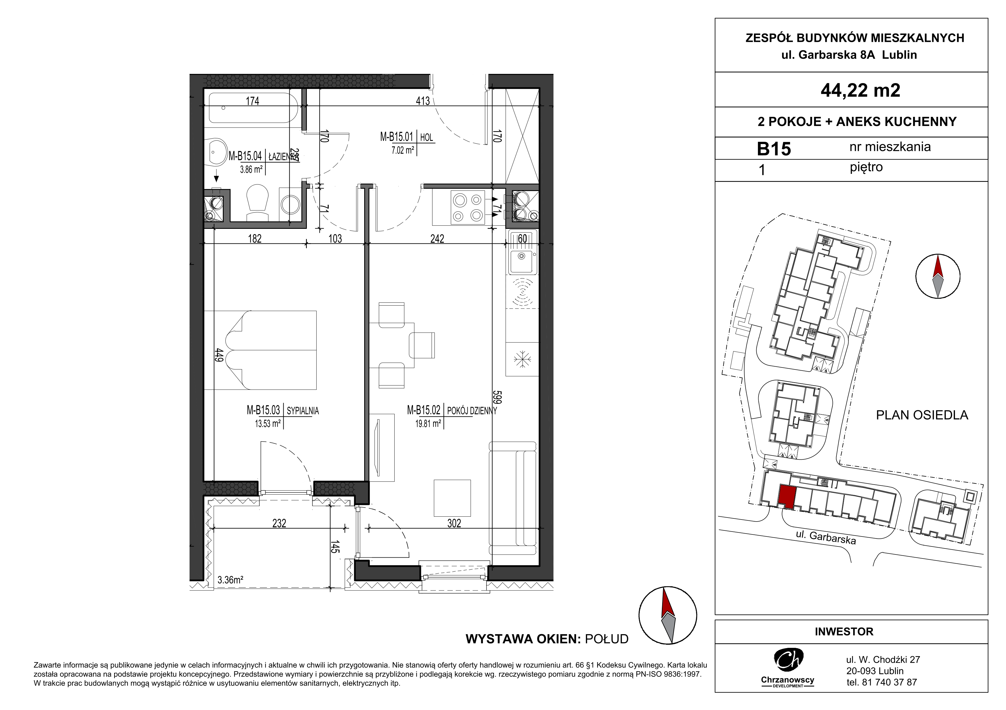 Mieszkanie 44,22 m², piętro 1, oferta nr B15, Garbarska Urban Koncept, Lublin, Bronowice, Bronowice, ul. Garbarska-idx