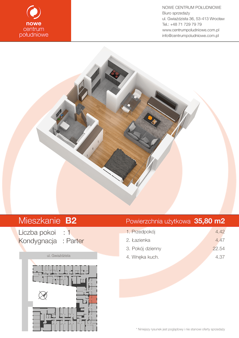 Biuro 35,80 m², oferta nr III/B2, Nowe Centrum Południowe etap III, Wrocław, Powstańców Śląskich (Południe), ul. Gwiaździsta 18/22-idx