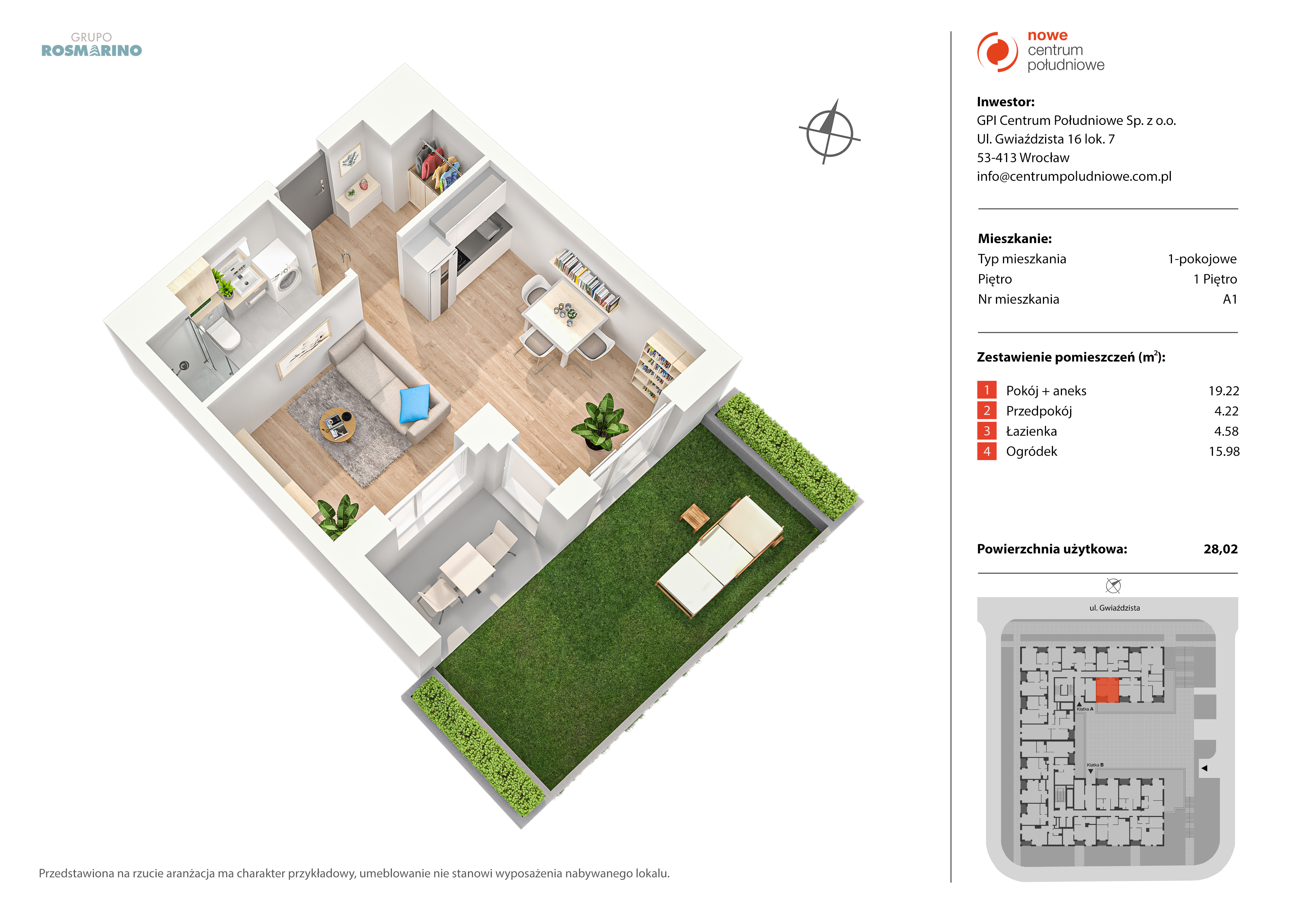 Mieszkanie 28,02 m², piętro 1, oferta nr A1, Nowe Centrum Południowe IV, Wrocław, Powstańców Śląskich (Południe), ul. Gwiaździsta 18/22-idx