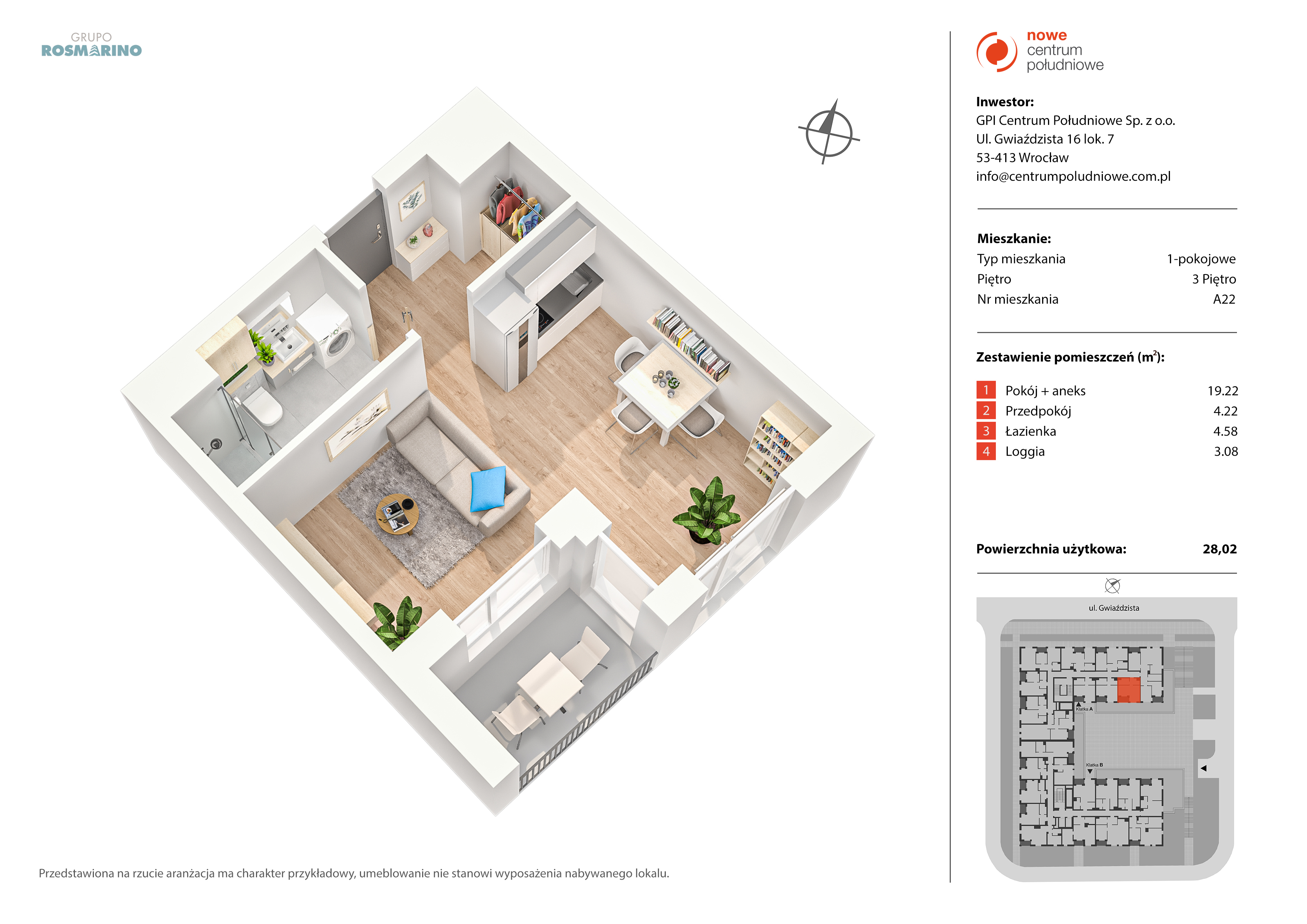 Mieszkanie 28,02 m², piętro 3, oferta nr A22, Nowe Centrum Południowe IV, Wrocław, Powstańców Śląskich (Południe), ul. Gwiaździsta 18/22-idx