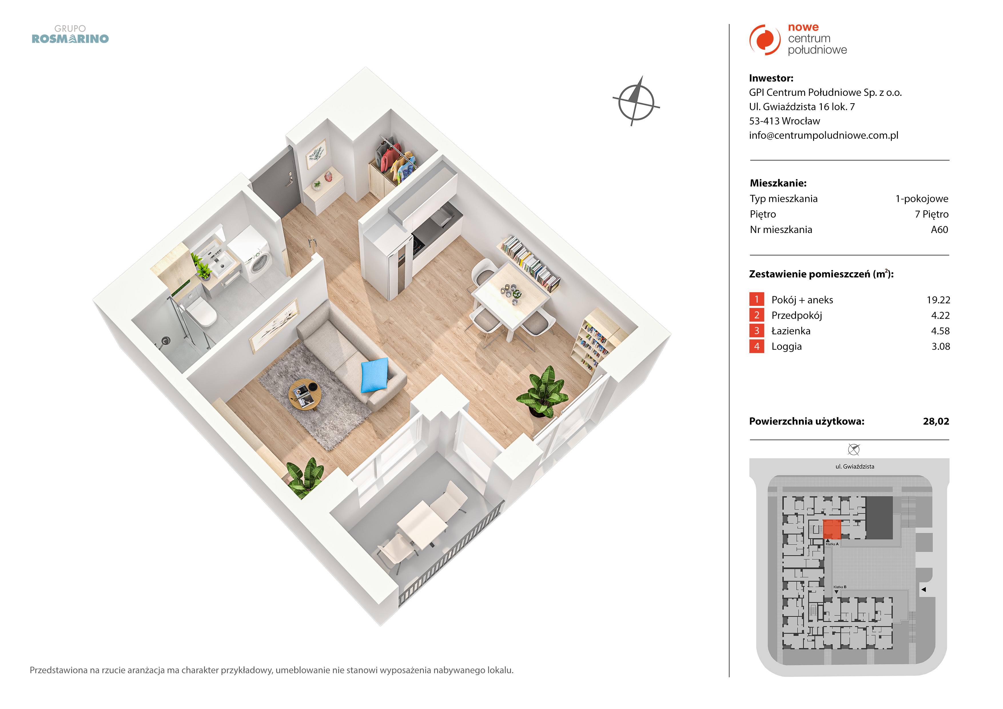 Mieszkanie 28,02 m², piętro 7, oferta nr A60, Nowe Centrum Południowe IV, Wrocław, Powstańców Śląskich (Południe), ul. Gwiaździsta 18/22-idx