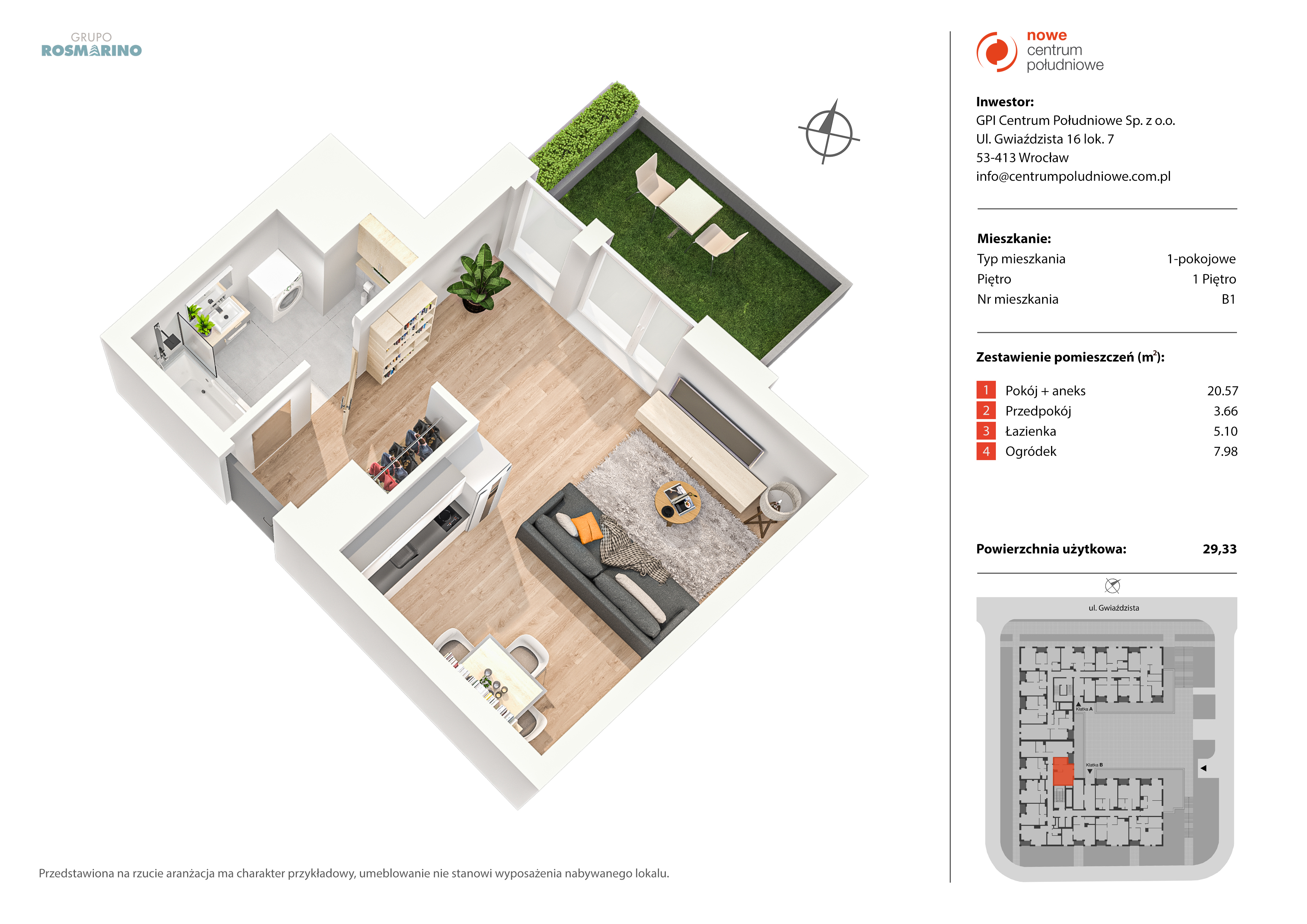 Mieszkanie 29,33 m², piętro 1, oferta nr B1, Nowe Centrum Południowe IV, Wrocław, Powstańców Śląskich (Południe), ul. Gwiaździsta 18/22-idx