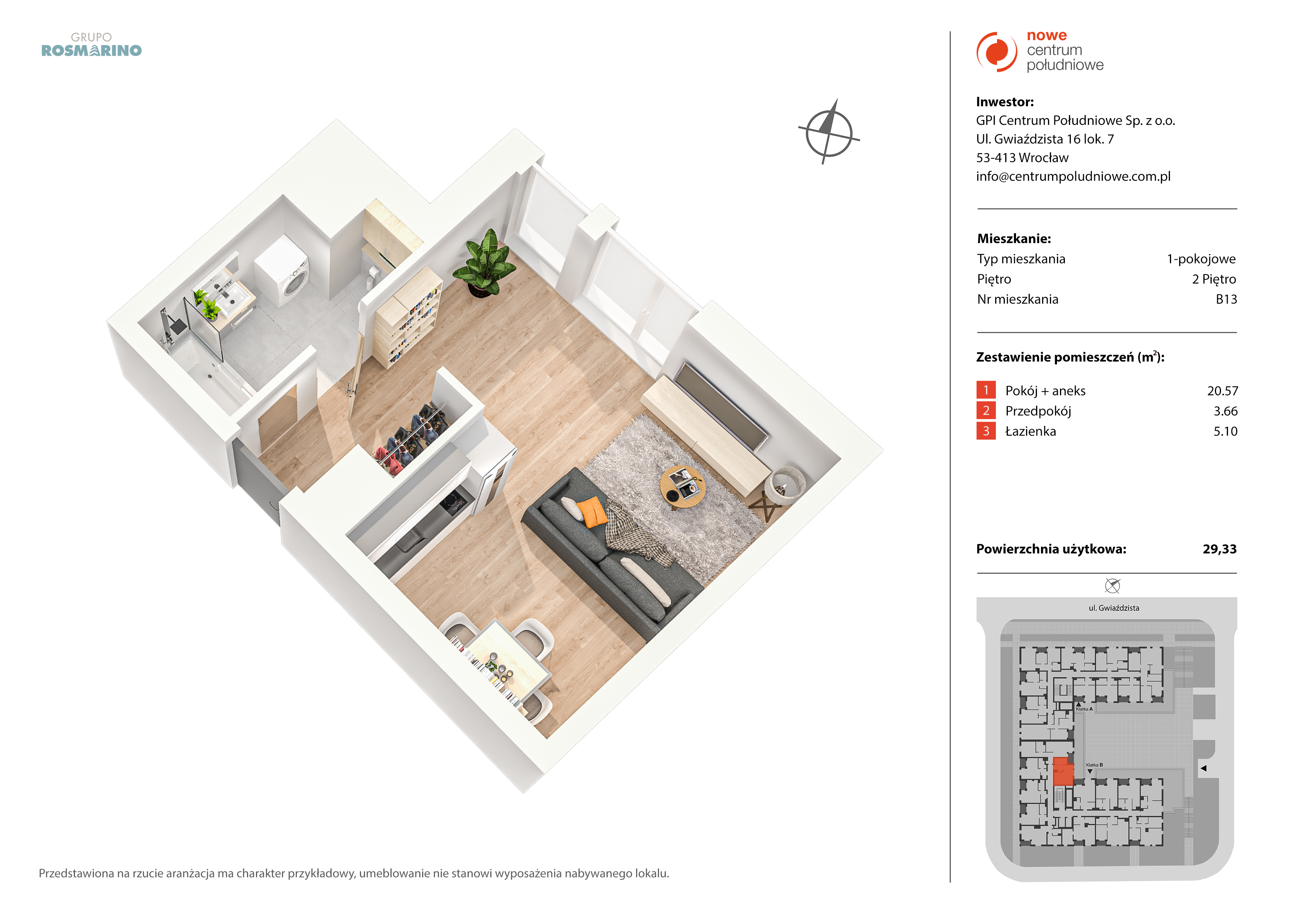 Mieszkanie 29,33 m², piętro 2, oferta nr B13, Nowe Centrum Południowe IV, Wrocław, Powstańców Śląskich (Południe), ul. Gwiaździsta 18/22-idx