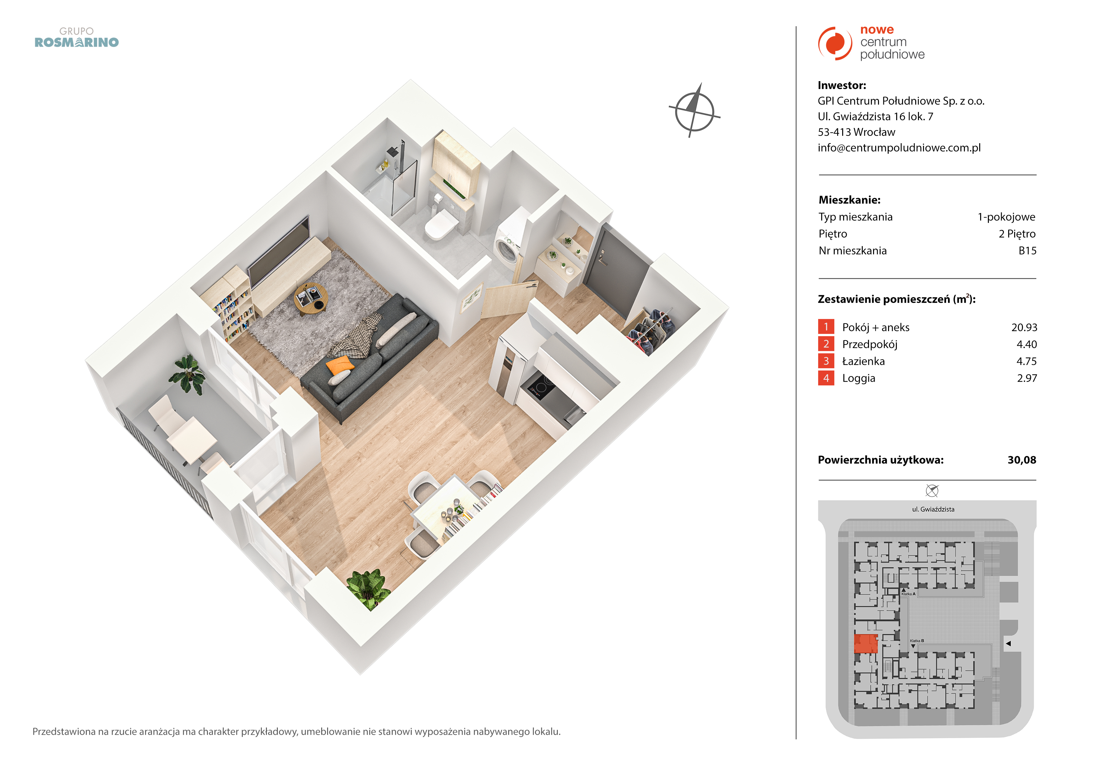 Mieszkanie 30,08 m², piętro 2, oferta nr B15, Nowe Centrum Południowe IV, Wrocław, Powstańców Śląskich (Południe), ul. Gwiaździsta 18/22-idx