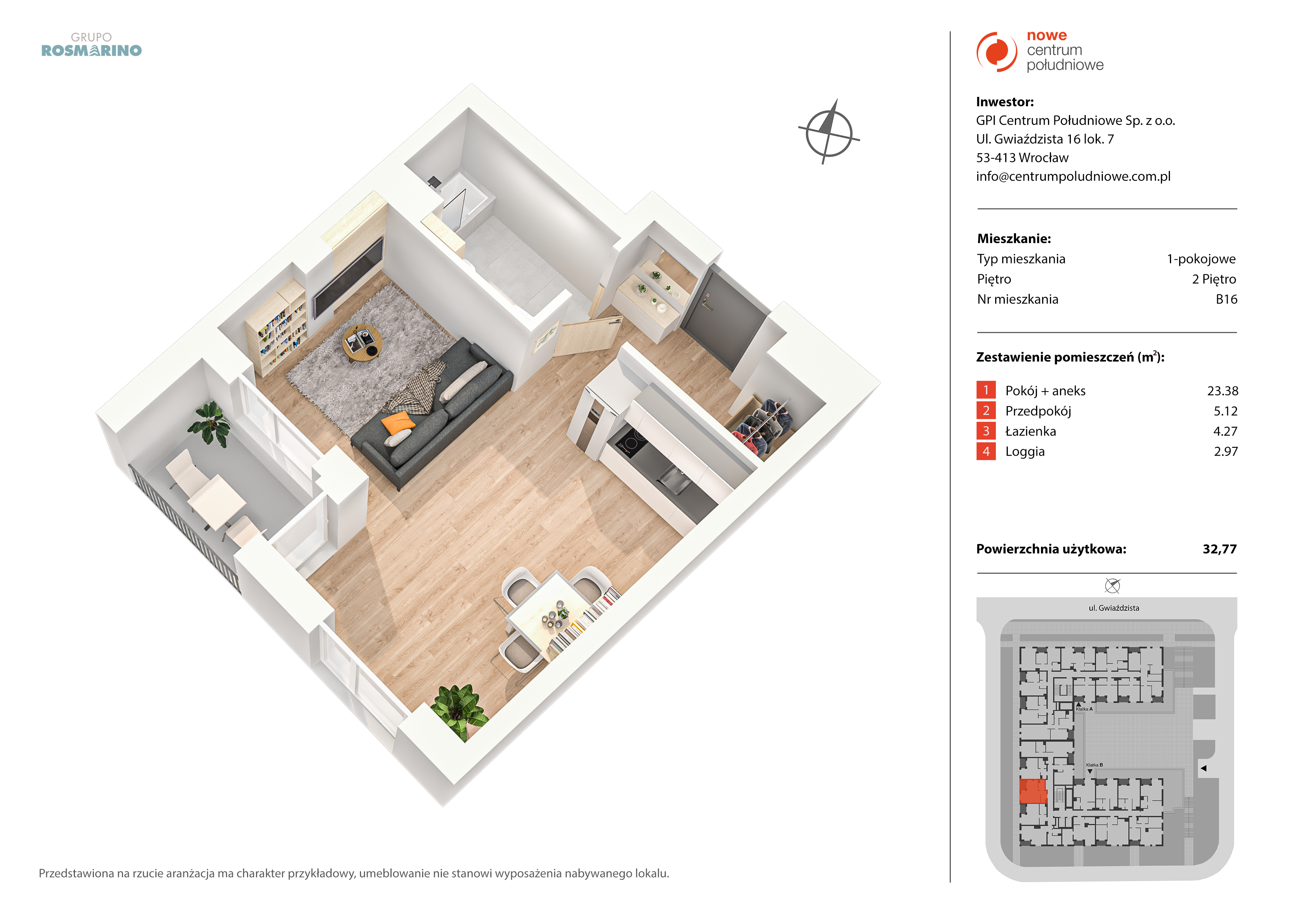 Mieszkanie 32,77 m², piętro 2, oferta nr B16, Nowe Centrum Południowe IV, Wrocław, Powstańców Śląskich (Południe), ul. Gwiaździsta 18/22-idx