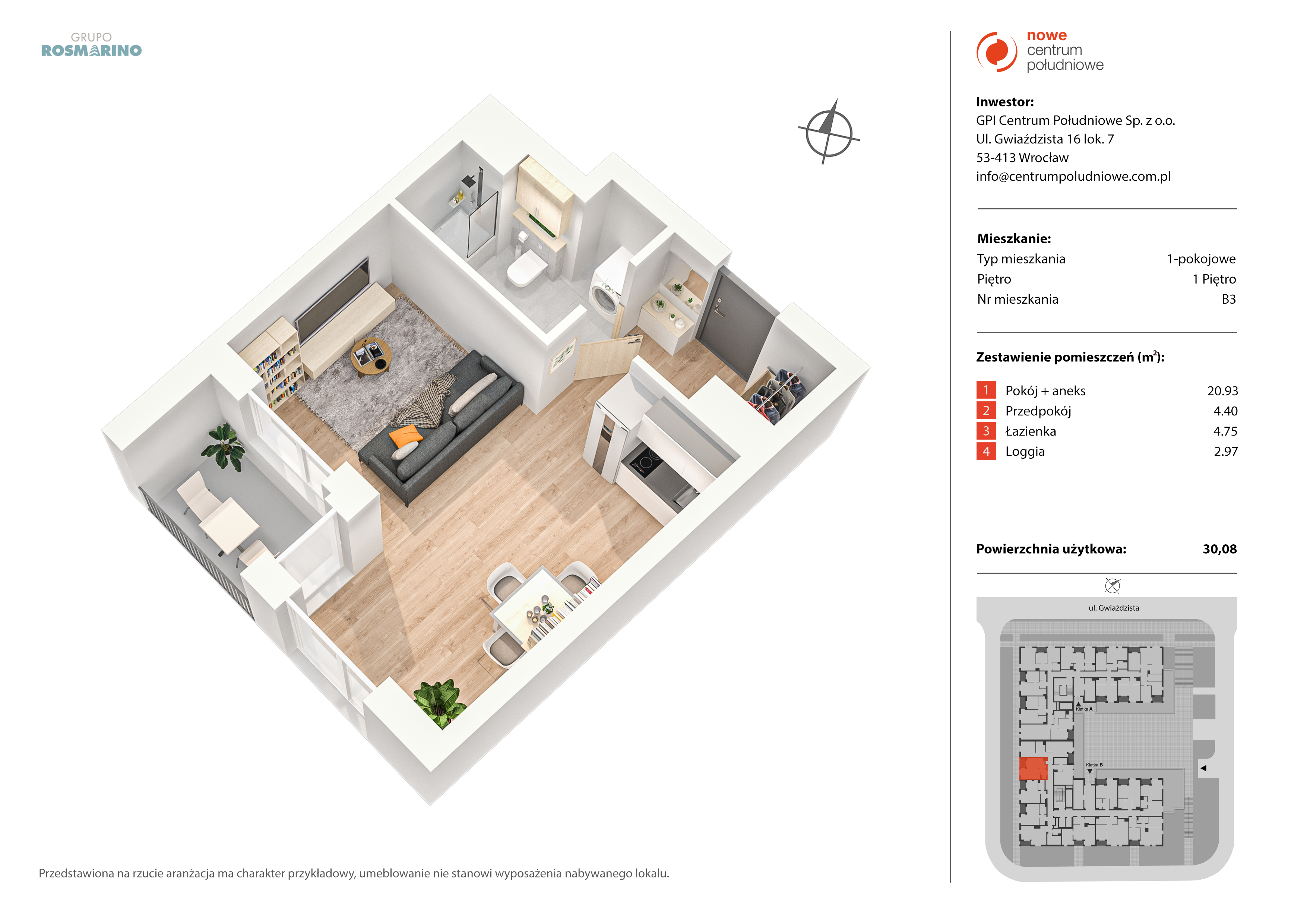 Mieszkanie 30,08 m², piętro 1, oferta nr B3, Nowe Centrum Południowe IV, Wrocław, Powstańców Śląskich (Południe), ul. Gwiaździsta 18/22-idx