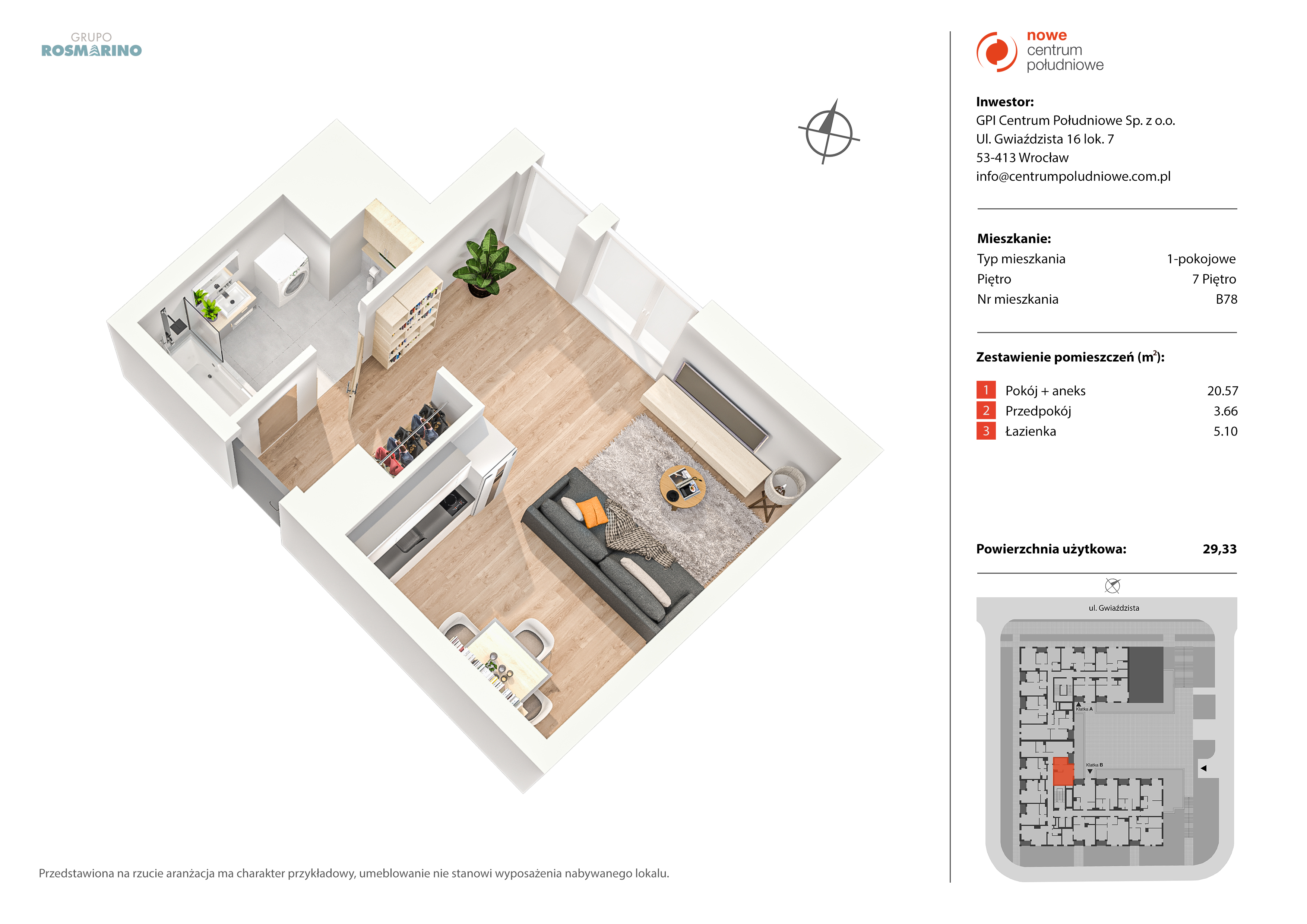 Mieszkanie 29,33 m², piętro 7, oferta nr B78, Nowe Centrum Południowe IV, Wrocław, Powstańców Śląskich (Południe), ul. Gwiaździsta 18/22-idx