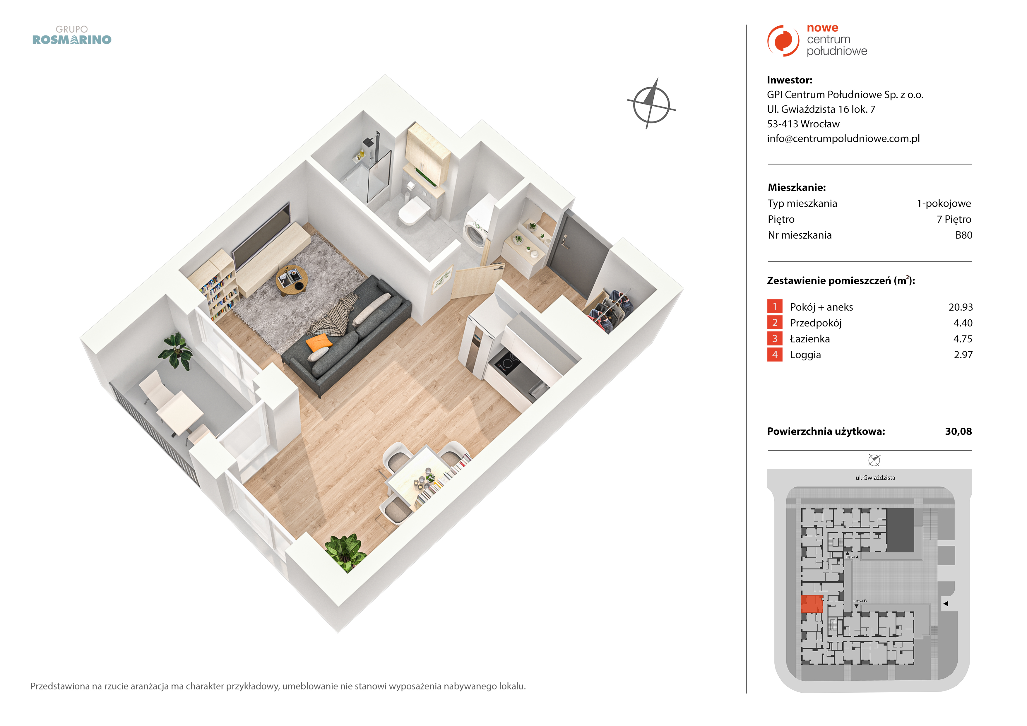 Mieszkanie 30,08 m², piętro 7, oferta nr B80, Nowe Centrum Południowe IV, Wrocław, Powstańców Śląskich (Południe), ul. Gwiaździsta 18/22-idx