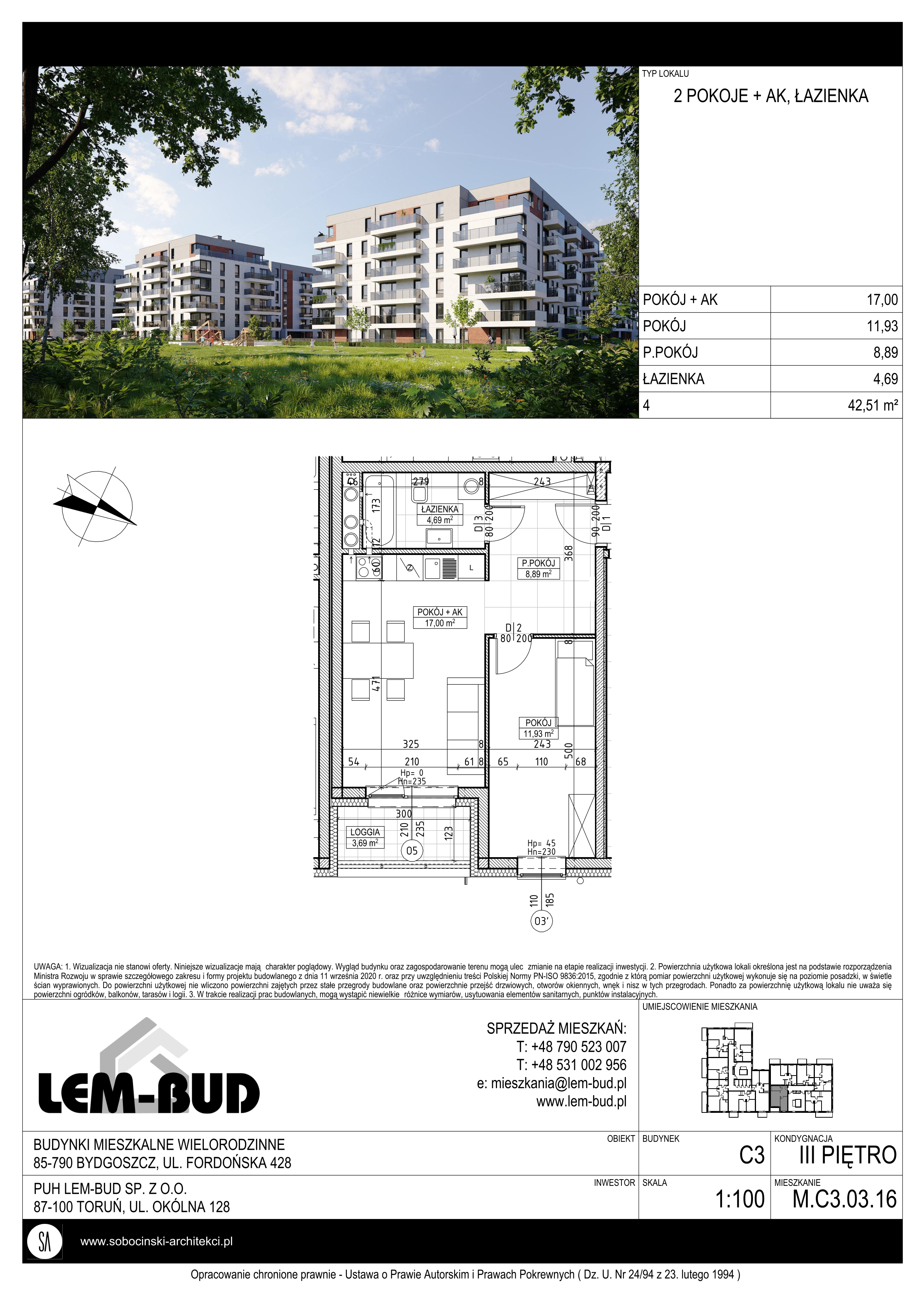 Mieszkanie 42,51 m², piętro 3, oferta nr C3.03.16, Osiedle Panorama Wiślana, Bydgoszcz, Fordon, ul. Fordońska 428-idx