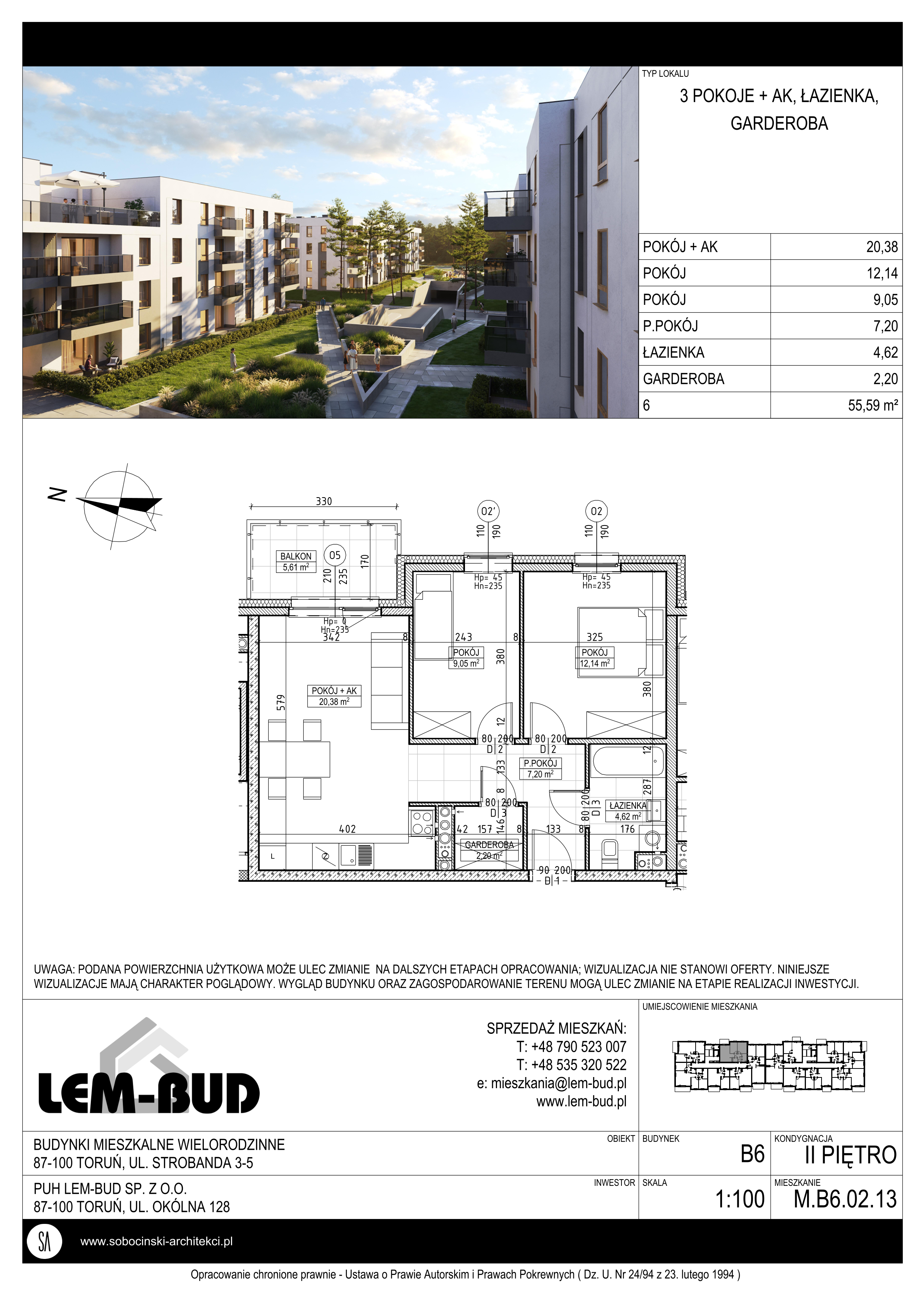 Mieszkanie 55,59 m², piętro 2, oferta nr M.B6.02.13, Osiedle Harmonia, Toruń, Wrzosy, JAR, ul. Strobanda 3-5-idx