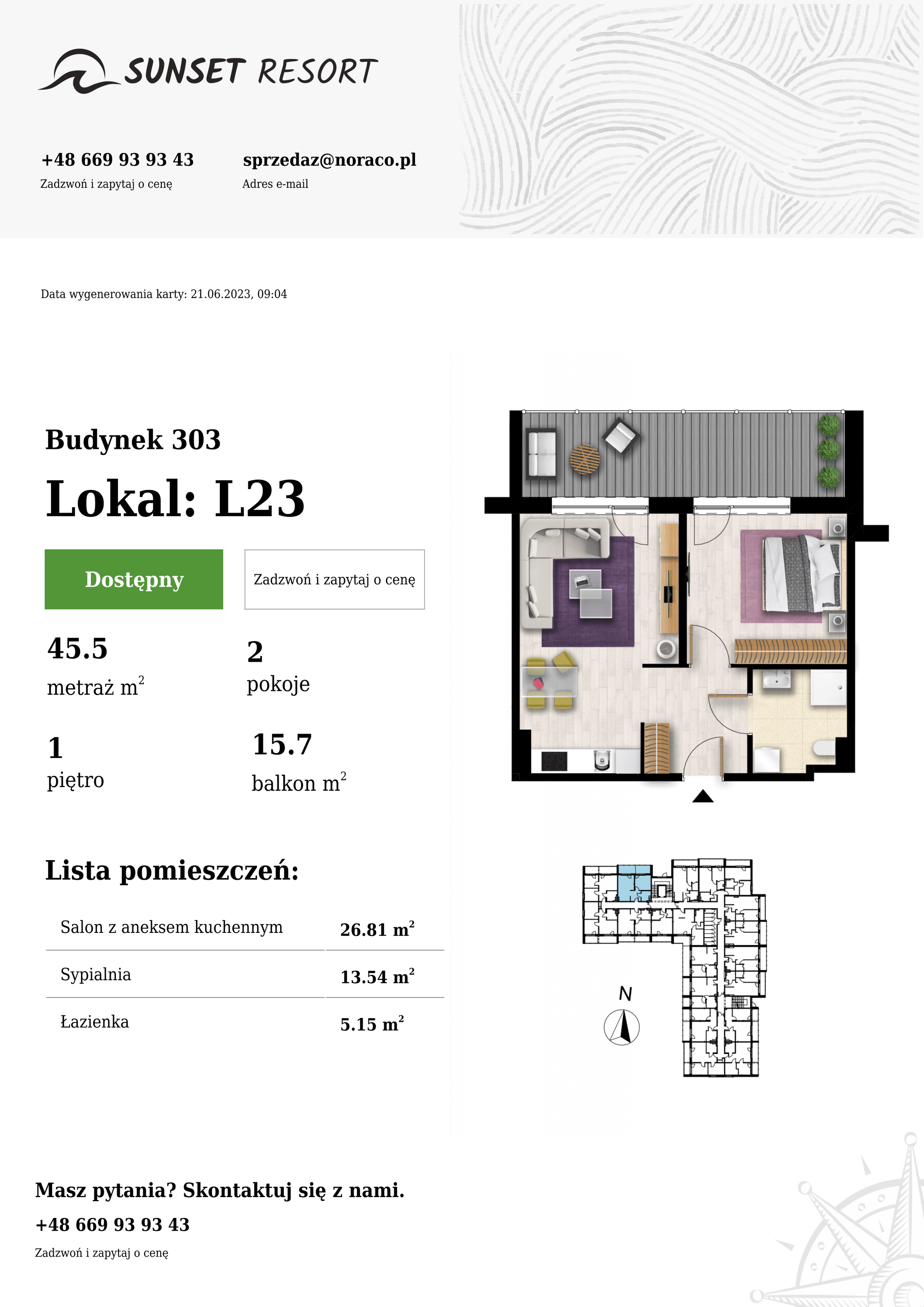 Apartament 45,50 m², piętro 1, oferta nr L23, Sunset Resort, Grzybowo, ul. Nadmorska 106-idx