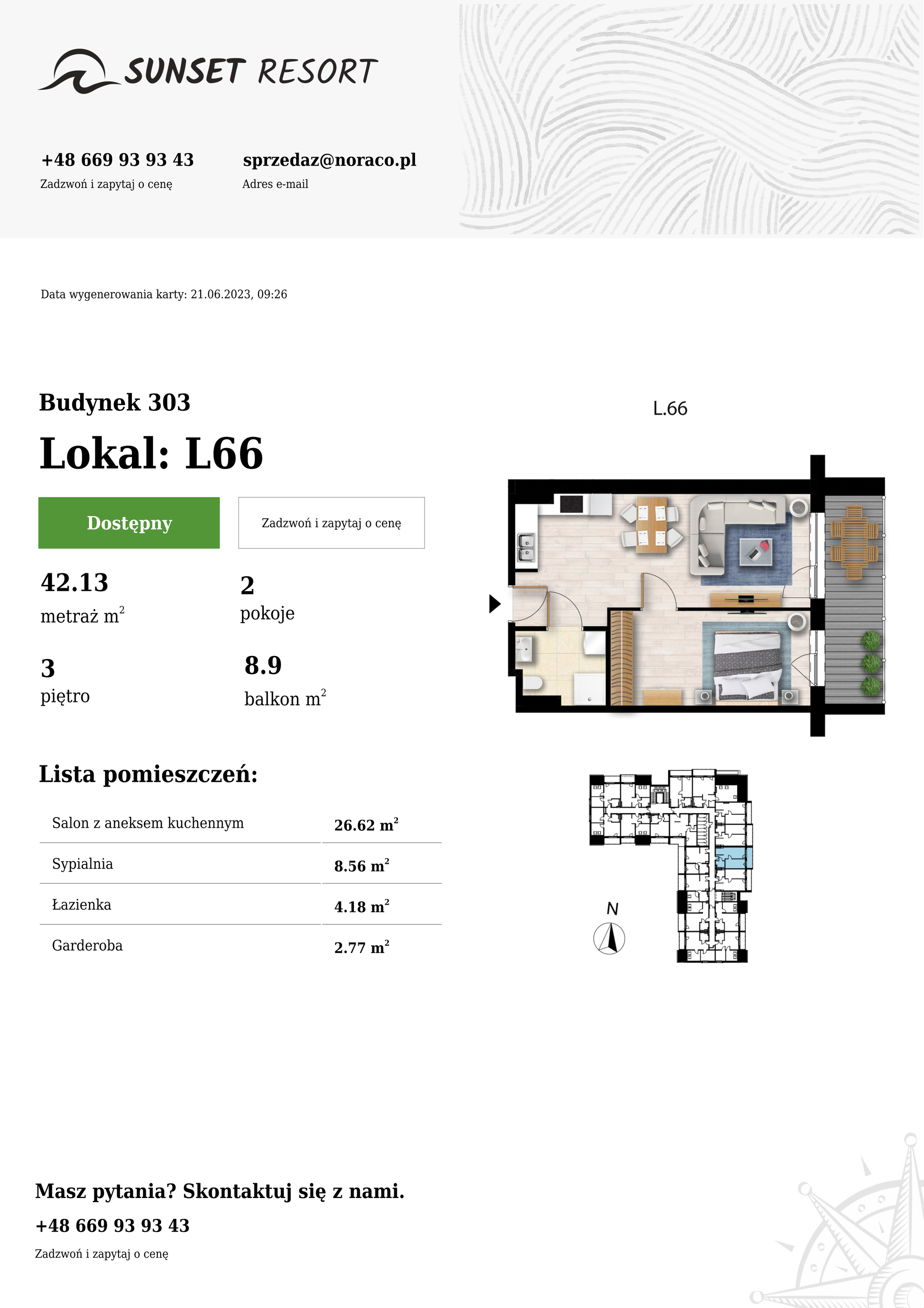 Apartament 42,13 m², piętro 3, oferta nr L66, Sunset Resort, Grzybowo, ul. Nadmorska 106-idx