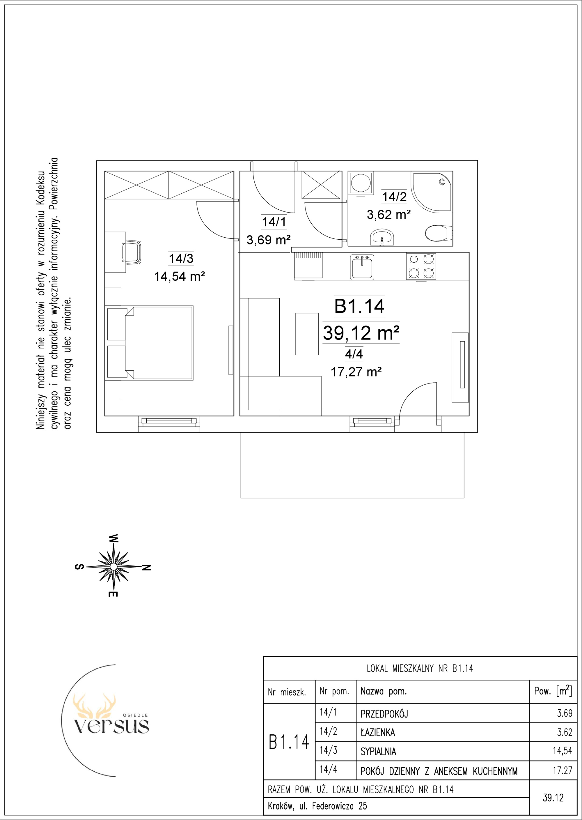 Mieszkanie 39,12 m², piętro 1, oferta nr B1/M.14, Osiedle Versus, Kraków, Dębniki, Skotniki, ul. Jana Kantego Federowicza-idx