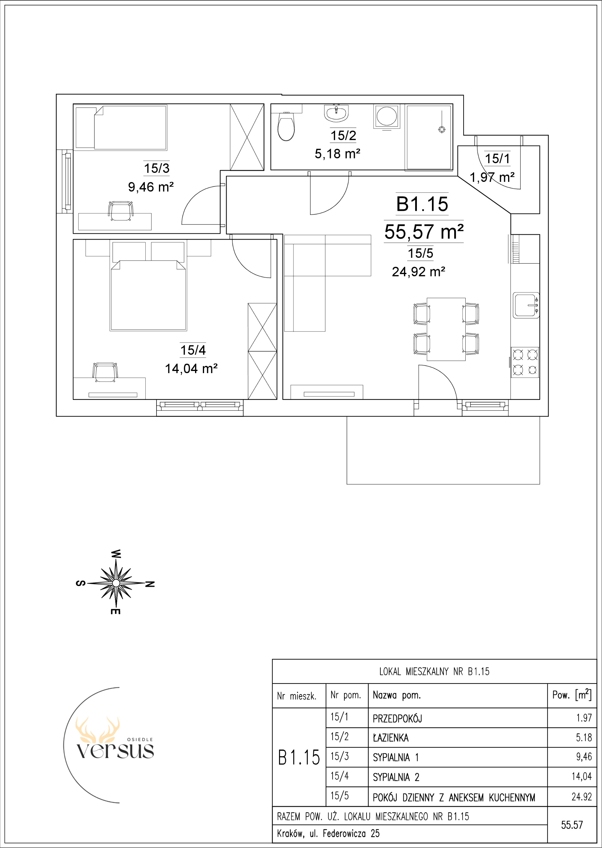 Mieszkanie 55,57 m², piętro 1, oferta nr B1/M.15, Osiedle Versus, Kraków, Dębniki, Skotniki, ul. Jana Kantego Federowicza-idx