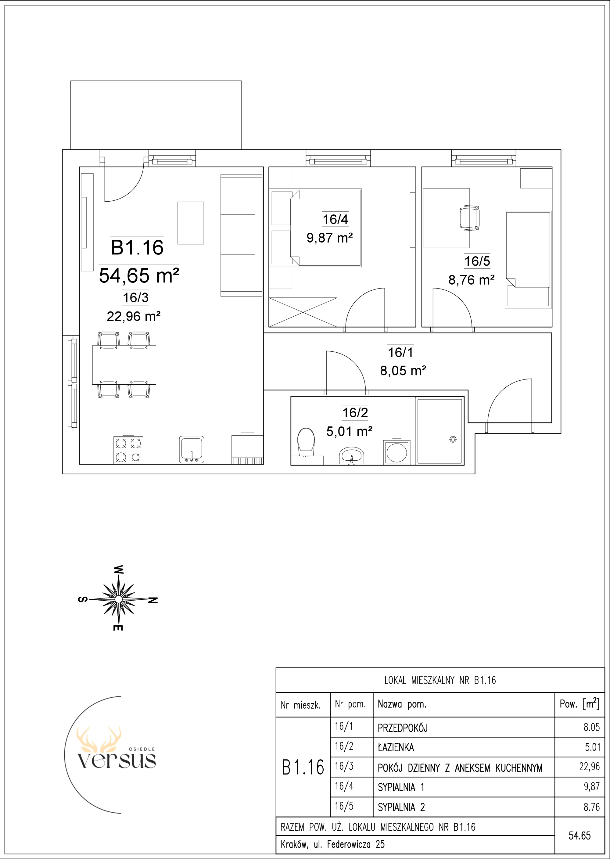 Mieszkanie 54,65 m², piętro 1, oferta nr B1/M.16, Osiedle Versus, Kraków, Dębniki, Skotniki, ul. Jana Kantego Federowicza-idx