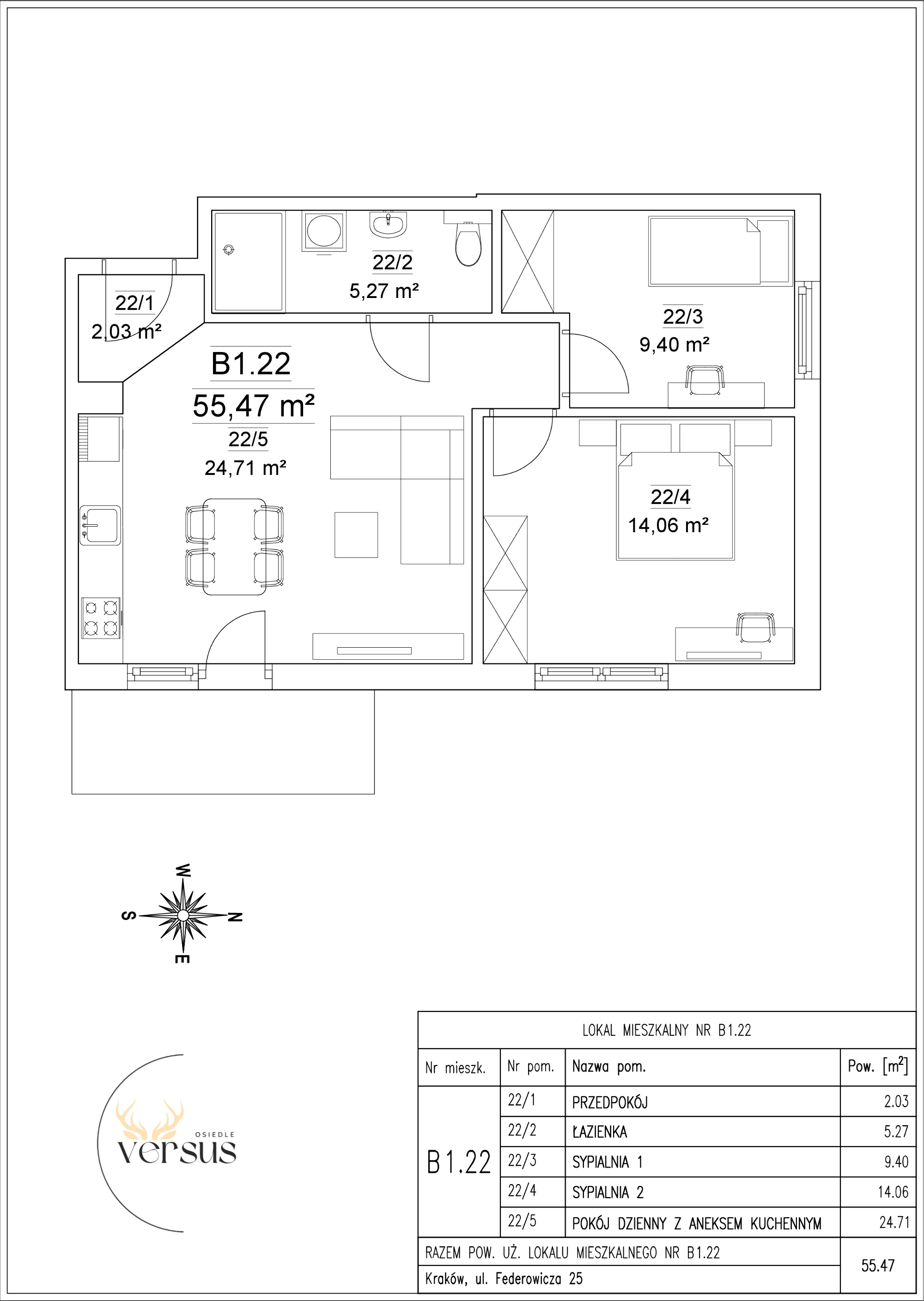 Mieszkanie 55,47 m², piętro 1, oferta nr B1/M.22, Osiedle Versus, Kraków, Dębniki, Skotniki, ul. Jana Kantego Federowicza-idx