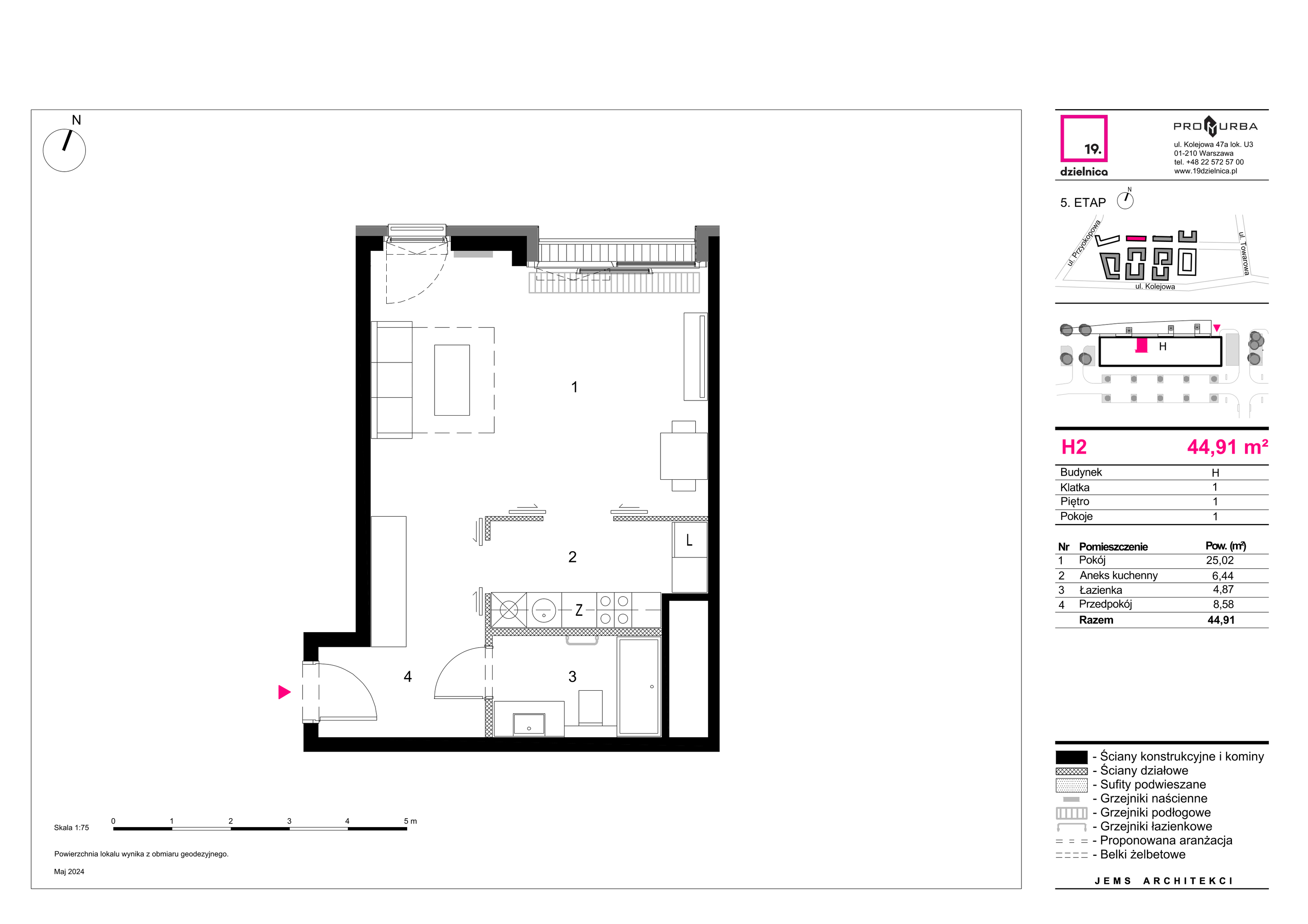 Mieszkanie 44,91 m², piętro 1, oferta nr H2, 19. Dzielnica V etap, Warszawa, Wola, Czyste, ul. Kolejowa 49-idx