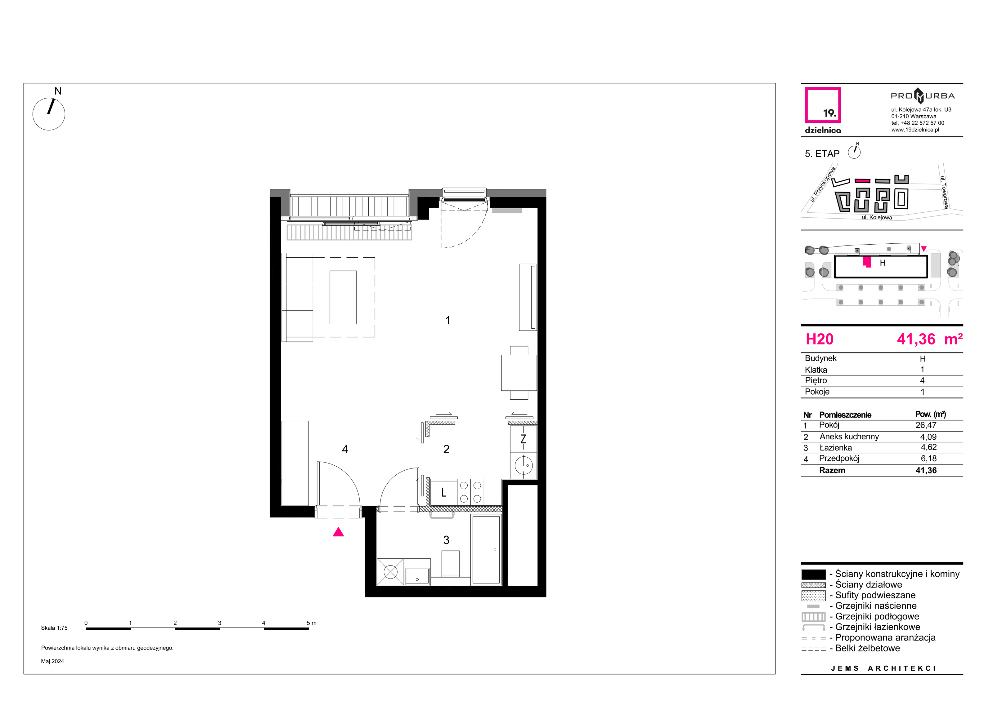 Mieszkanie 41,36 m², piętro 4, oferta nr H20, 19. Dzielnica V etap, Warszawa, Wola, Czyste, ul. Kolejowa 49-idx