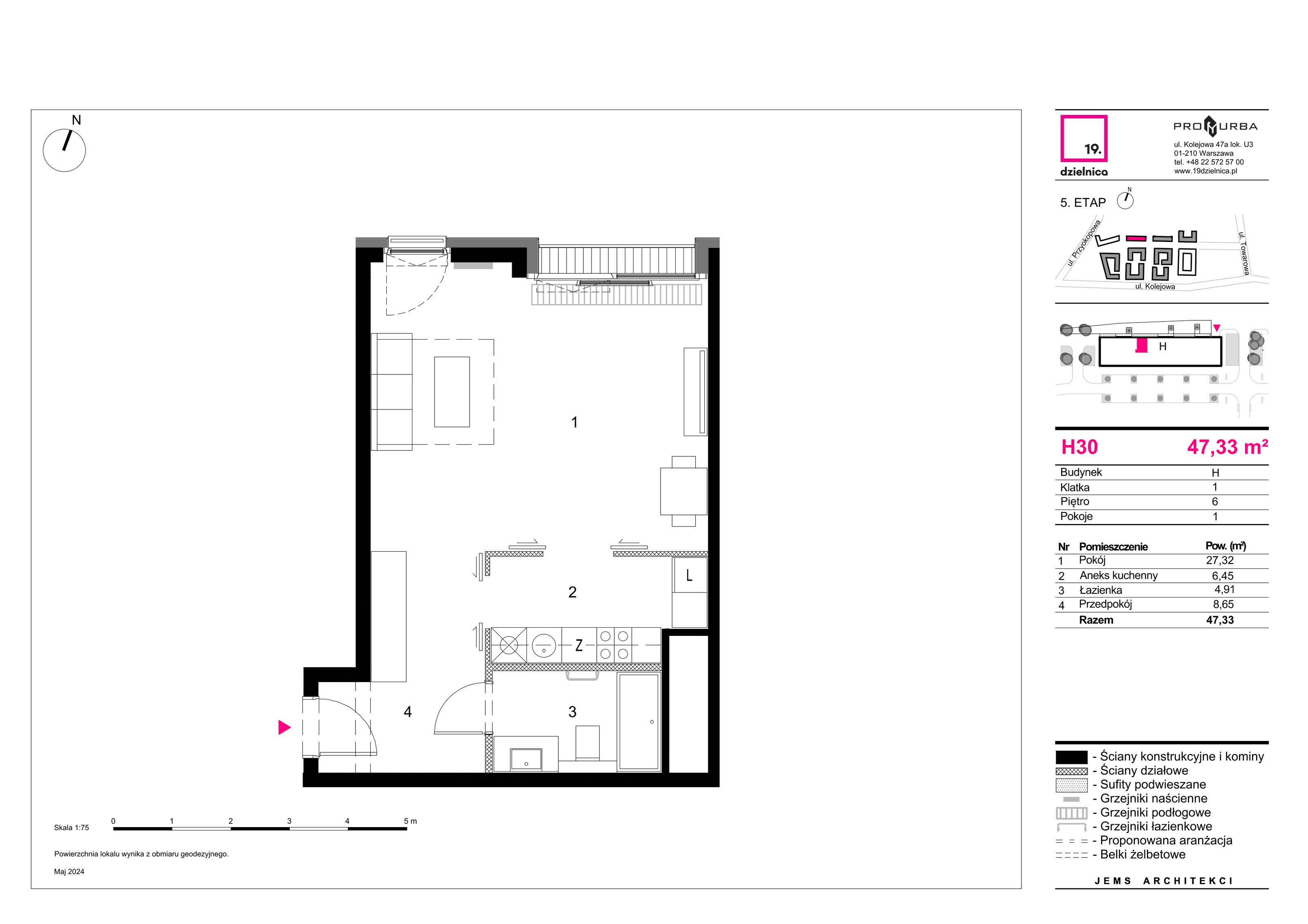 Mieszkanie 47,33 m², piętro 6, oferta nr H30, 19. Dzielnica V etap, Warszawa, Wola, Czyste, ul. Kolejowa 49-idx